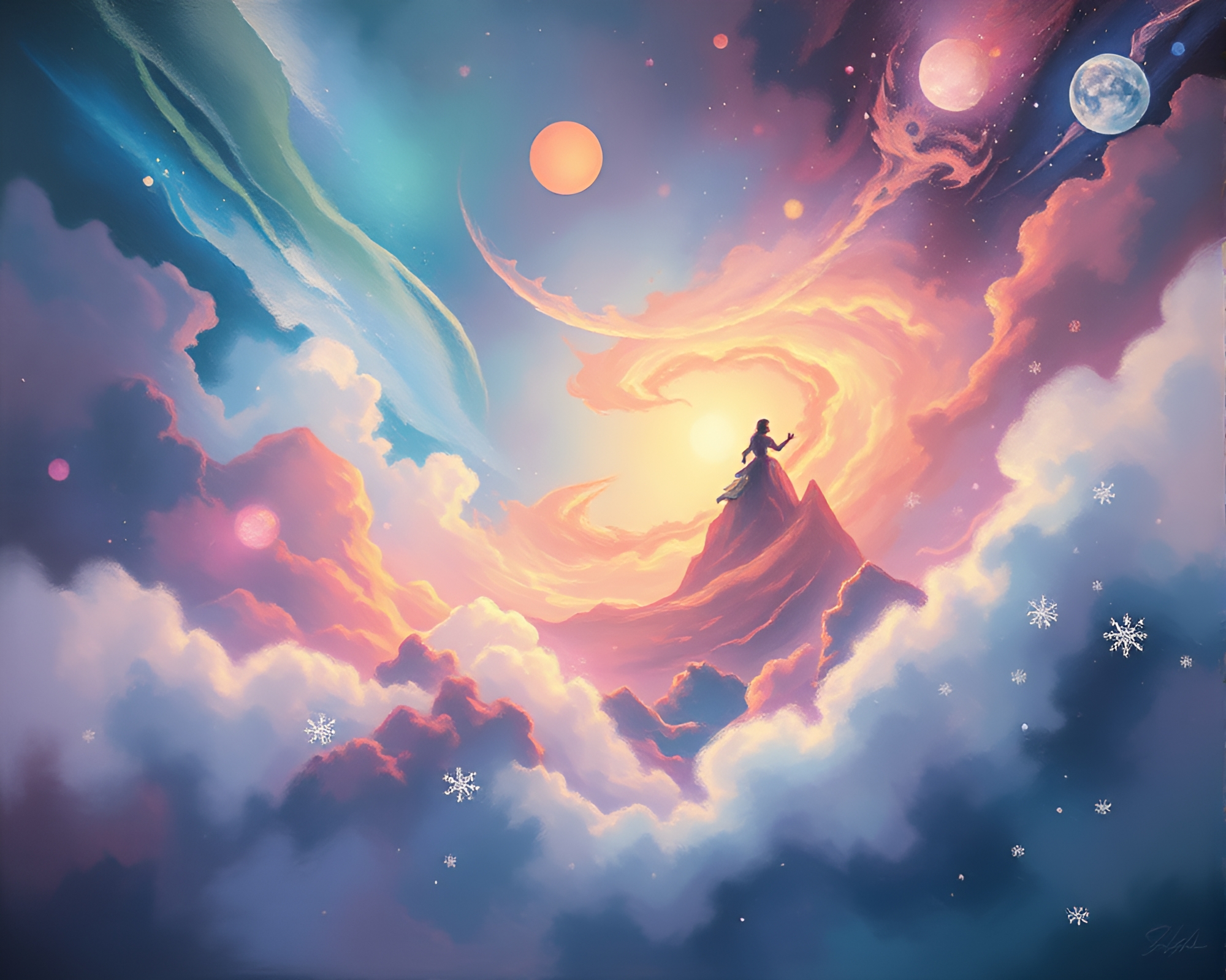 Enchanted Fairy Orbiting Pastel Planet Under Vibrant Sky – free AI stock image