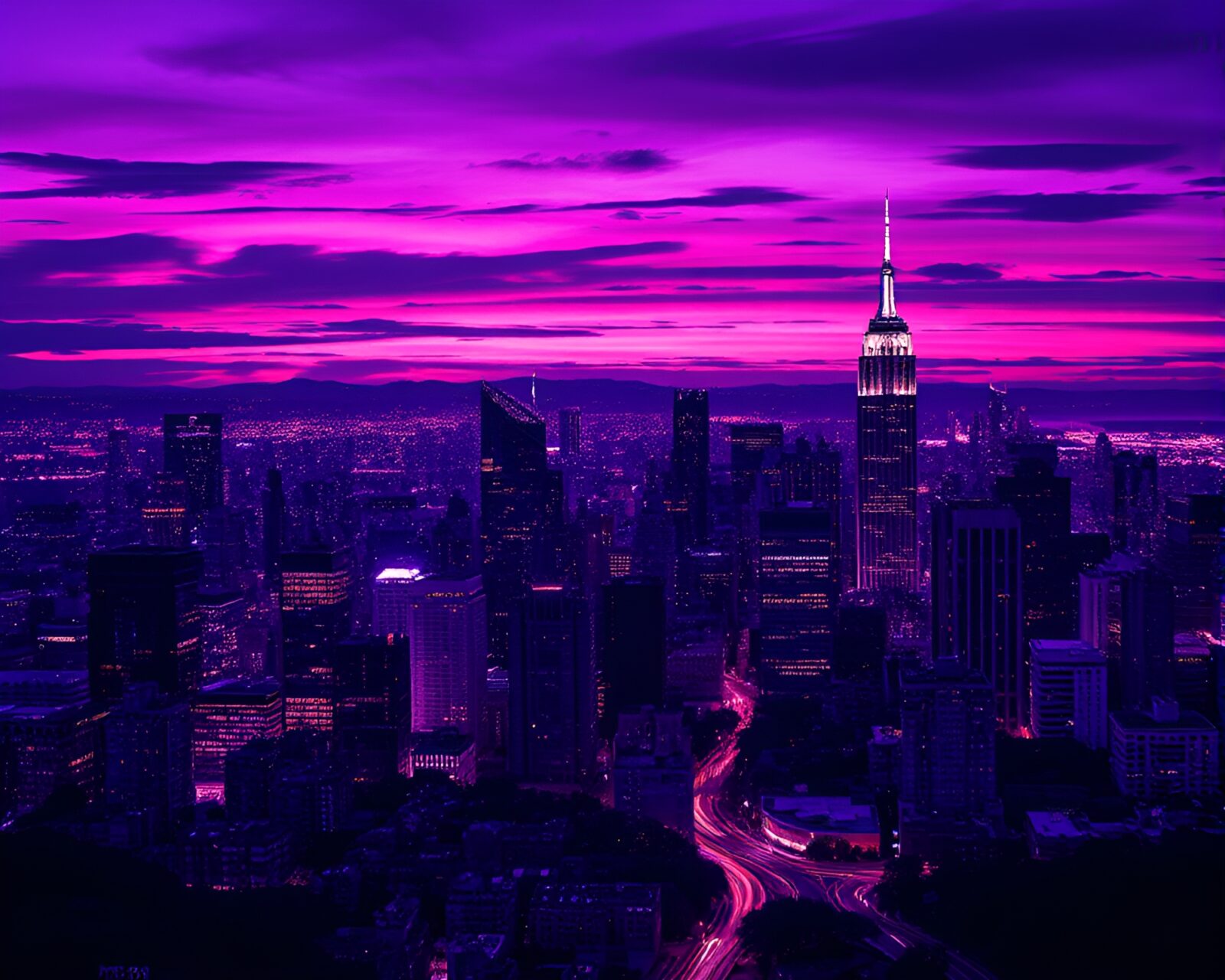 Futuristic cityscape glowing in twilight-purple hues with foil stamping