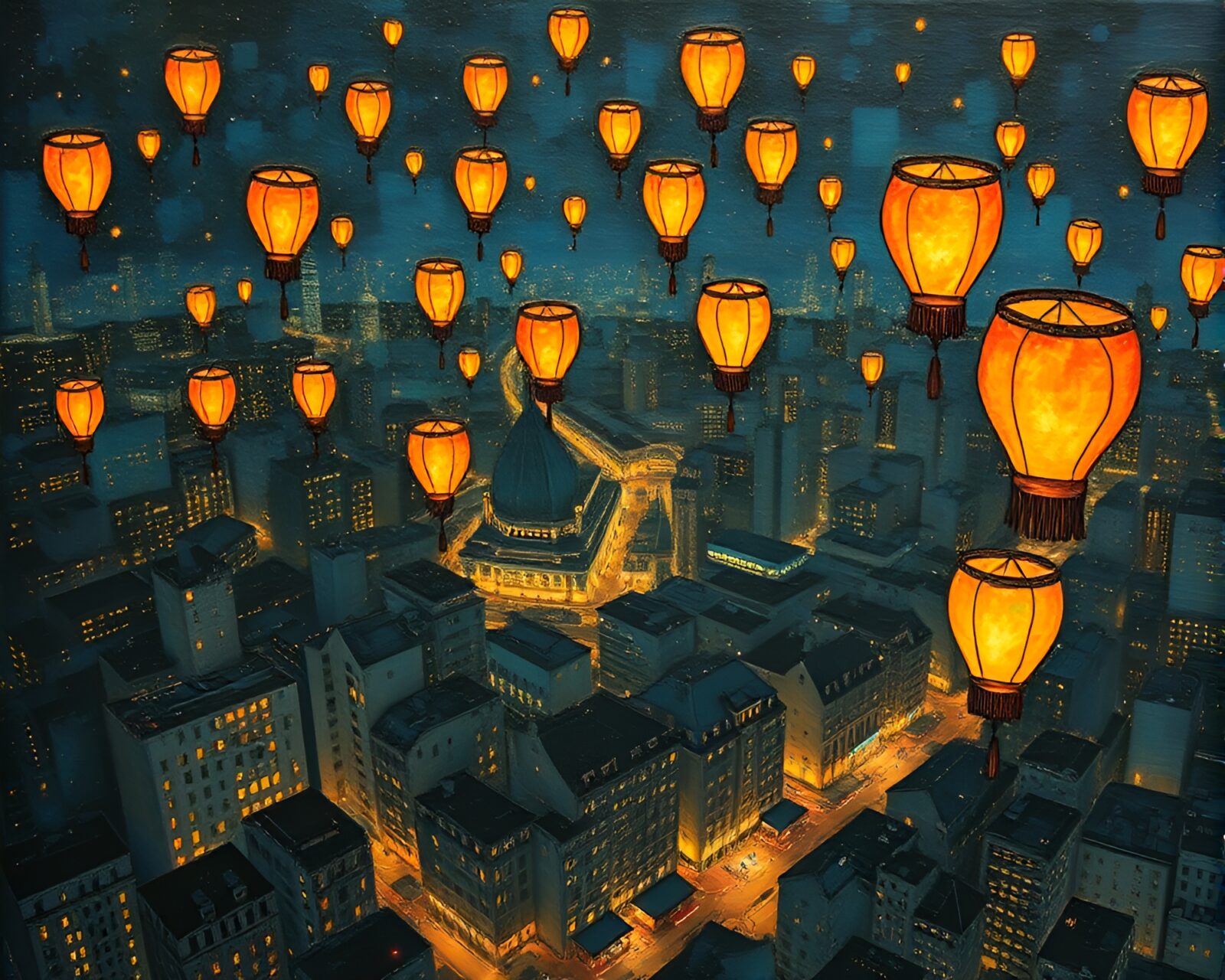 Encaustic painting of floating lanterns illuminating city lights at night