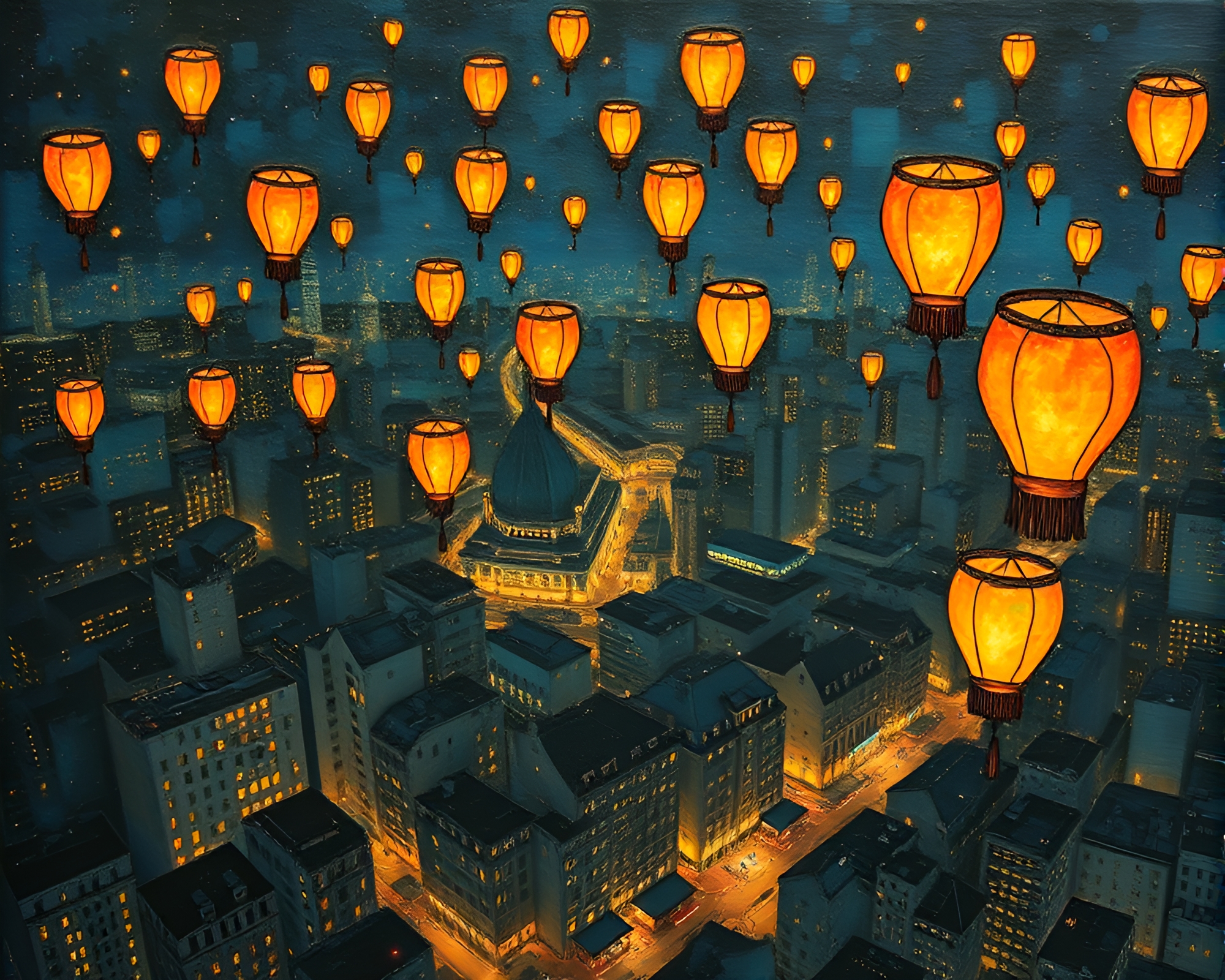 City Lights Afloat: Lanterns Over Urban Encaustic Skyline – free AI stock image