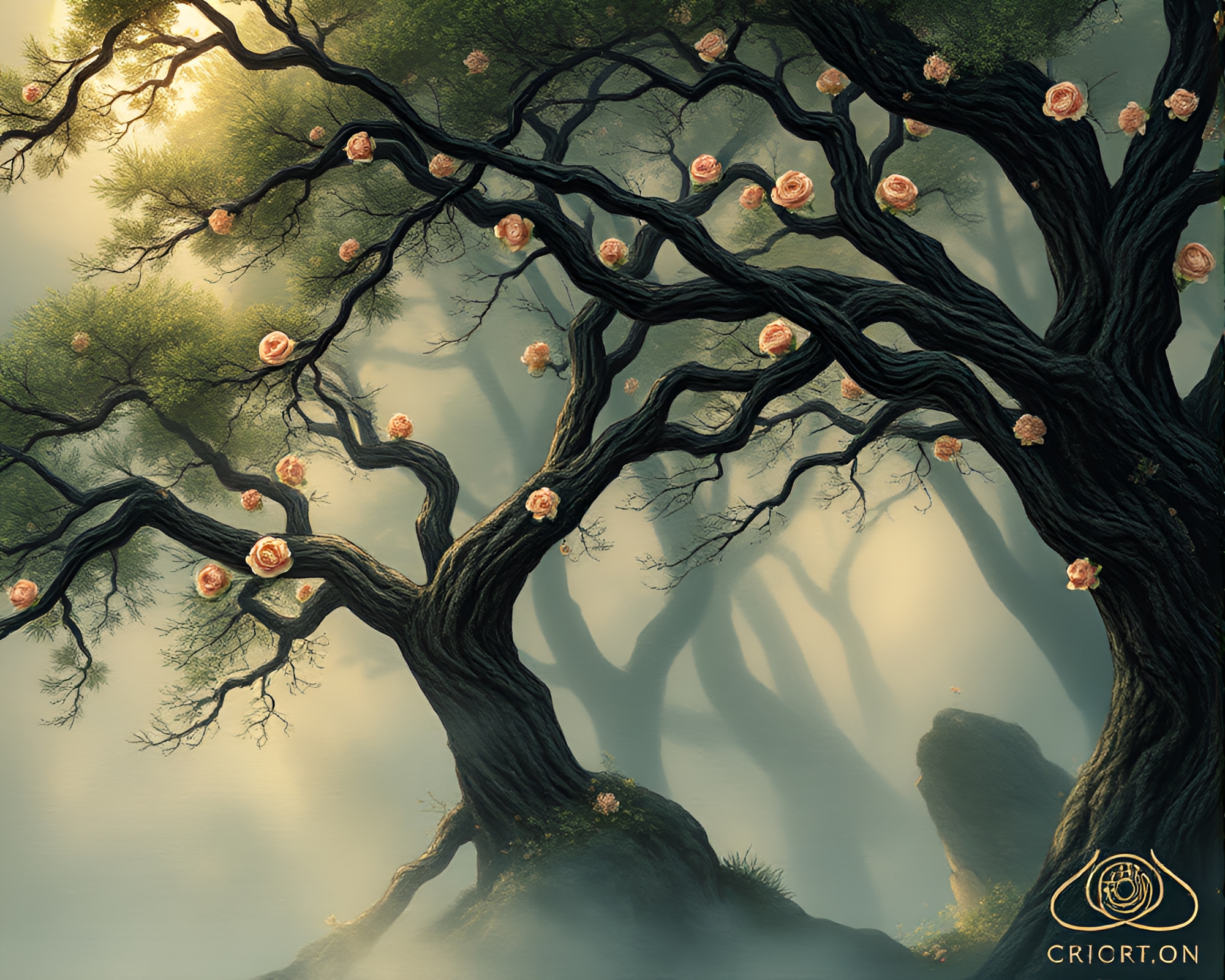 Enchanted Ancient Grove with Embroidered Mysteries – free AI stock image