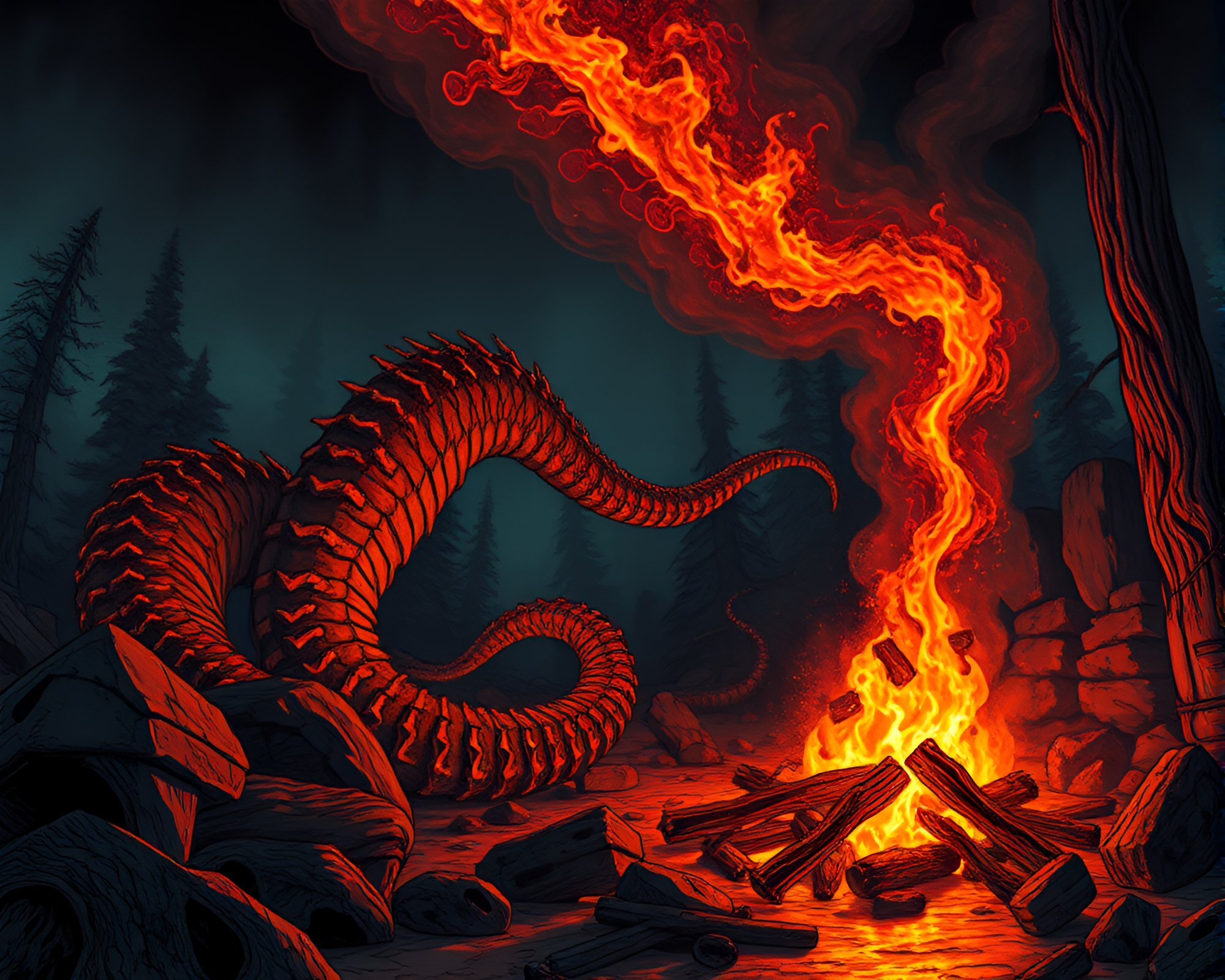 Steampunk Hydra Gathering Around Bonfire in Scan Lines – free AI stock image
