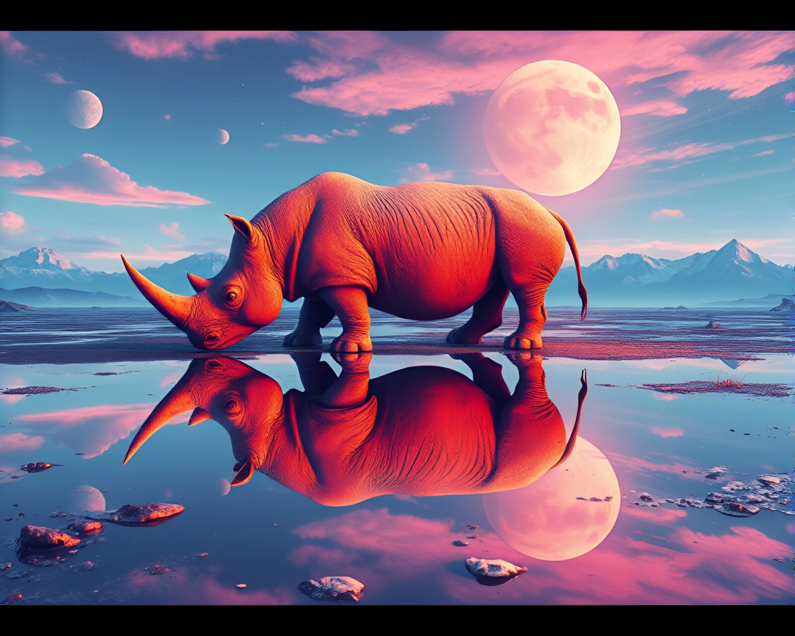Futuristic neon-lit rhinoceros reflecting in colorful puddle water