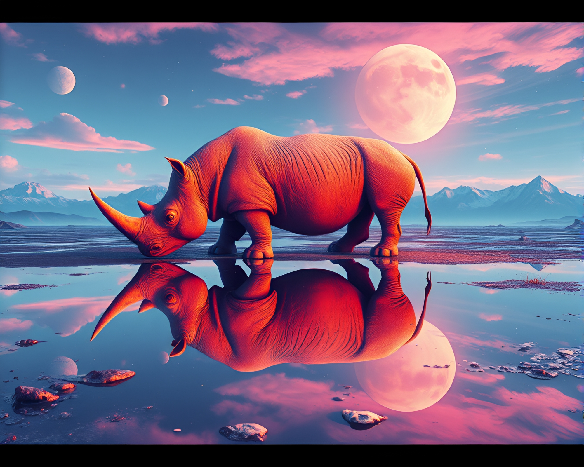 Synthwave Rhinoceros Reflecting in Planetary Pastel Puddle – free AI stock image