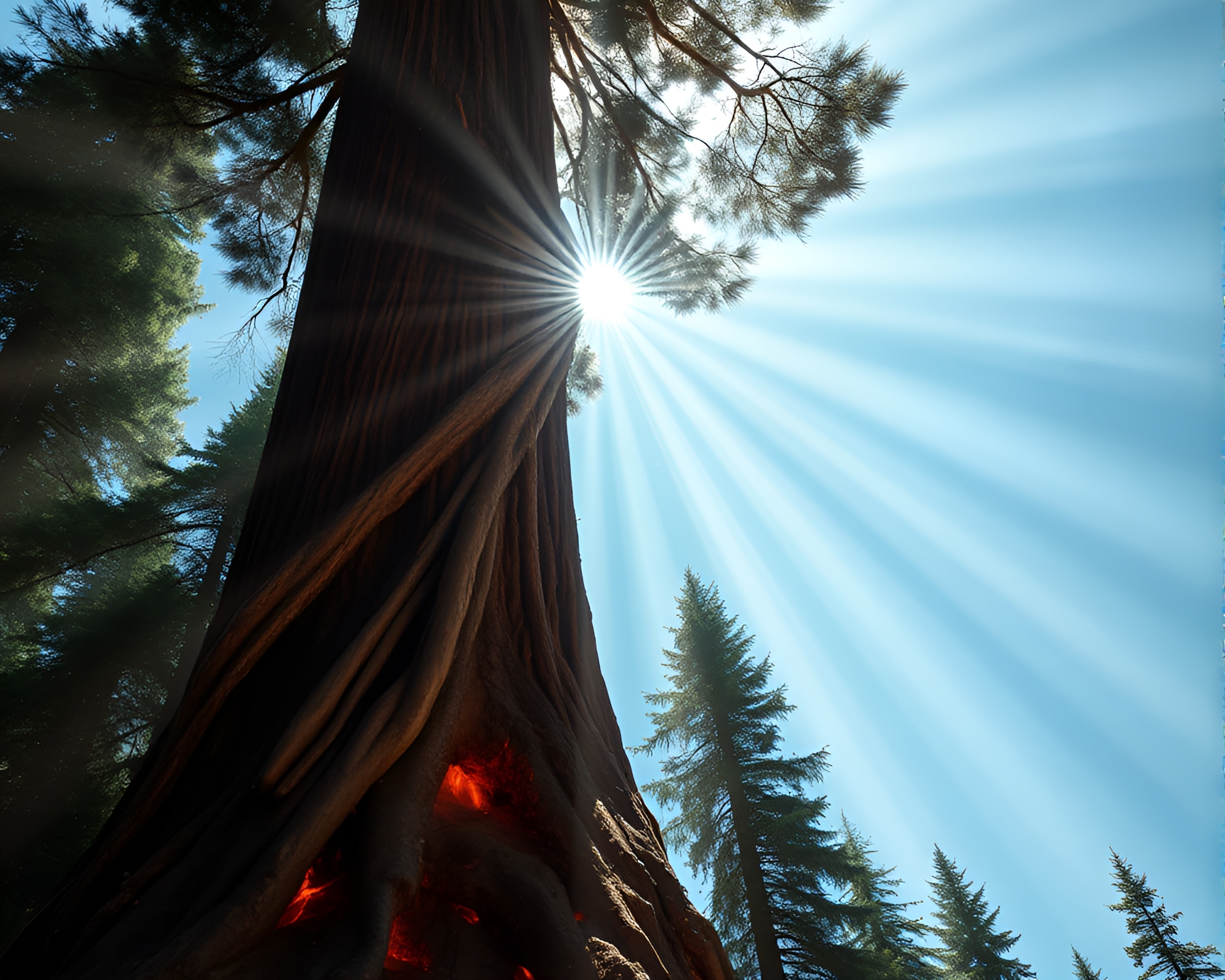 Enchanting Redwood Tree with Floating Embers Illuminated by God Rays – free AI stock image