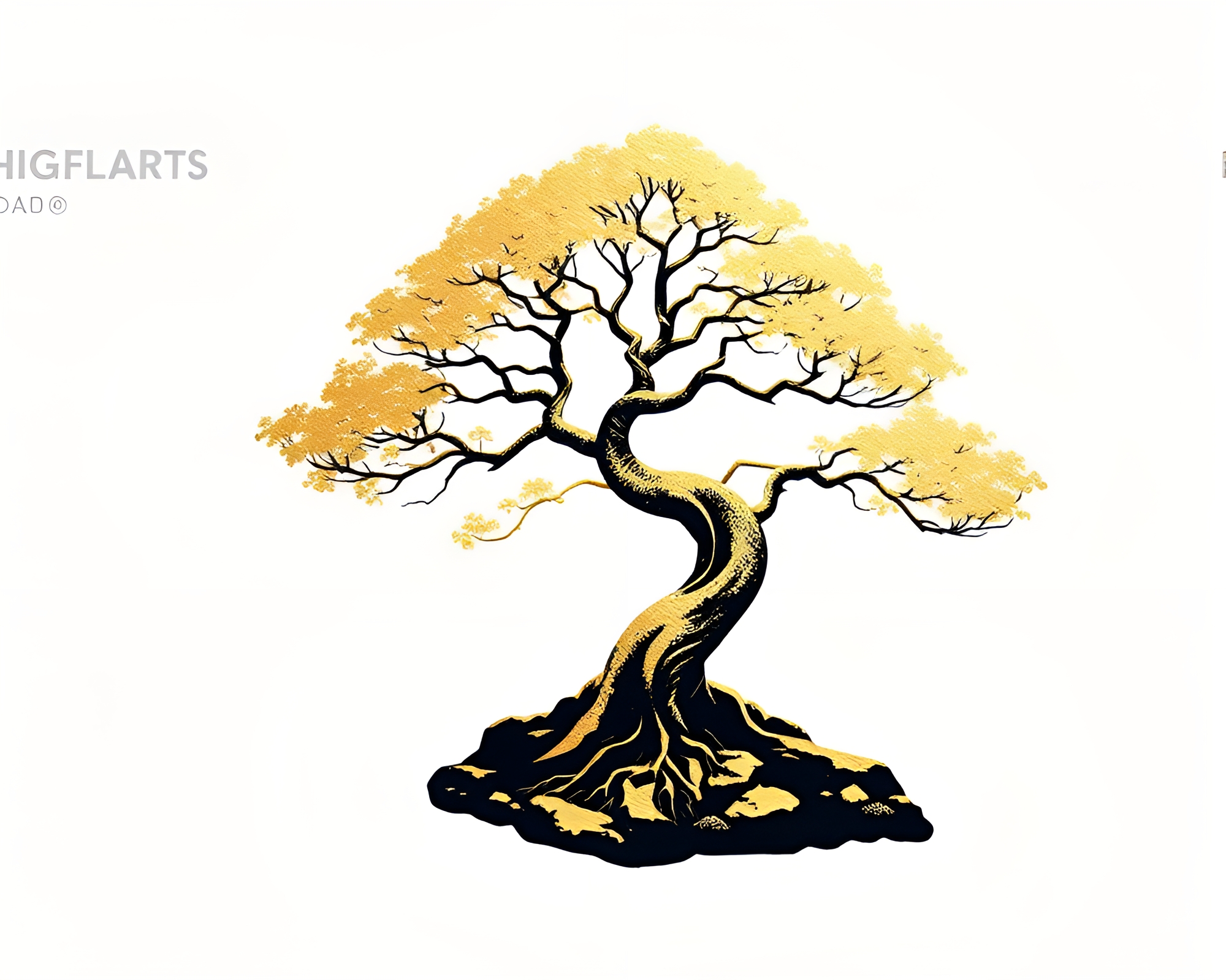Bonsai Tree in Gold Foil Blueprint Style – free AI stock image
