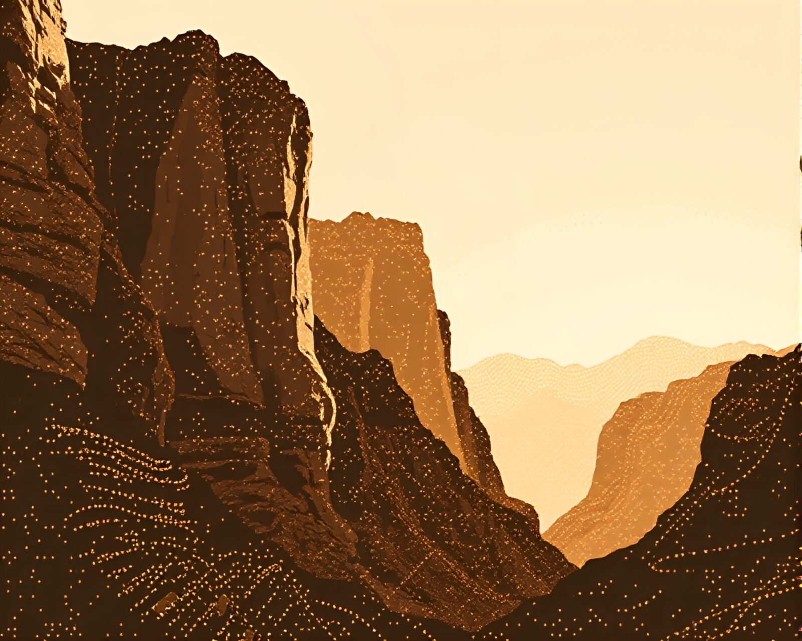 Surreal pointillism art showing an eroded canyon in sepia tones