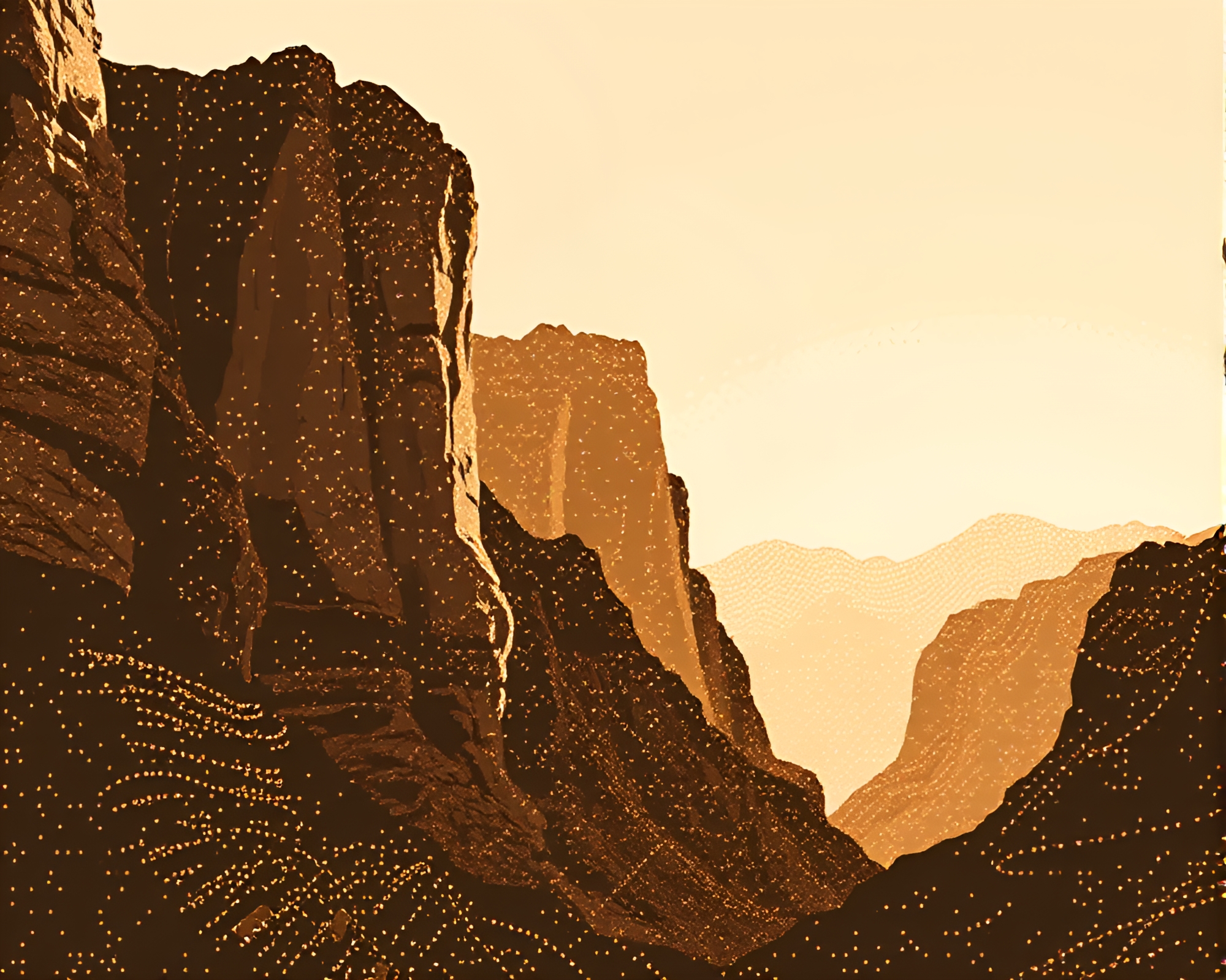 Pointillism Canyon: Sepia Dreamscape Dot Matrix – free AI stock image