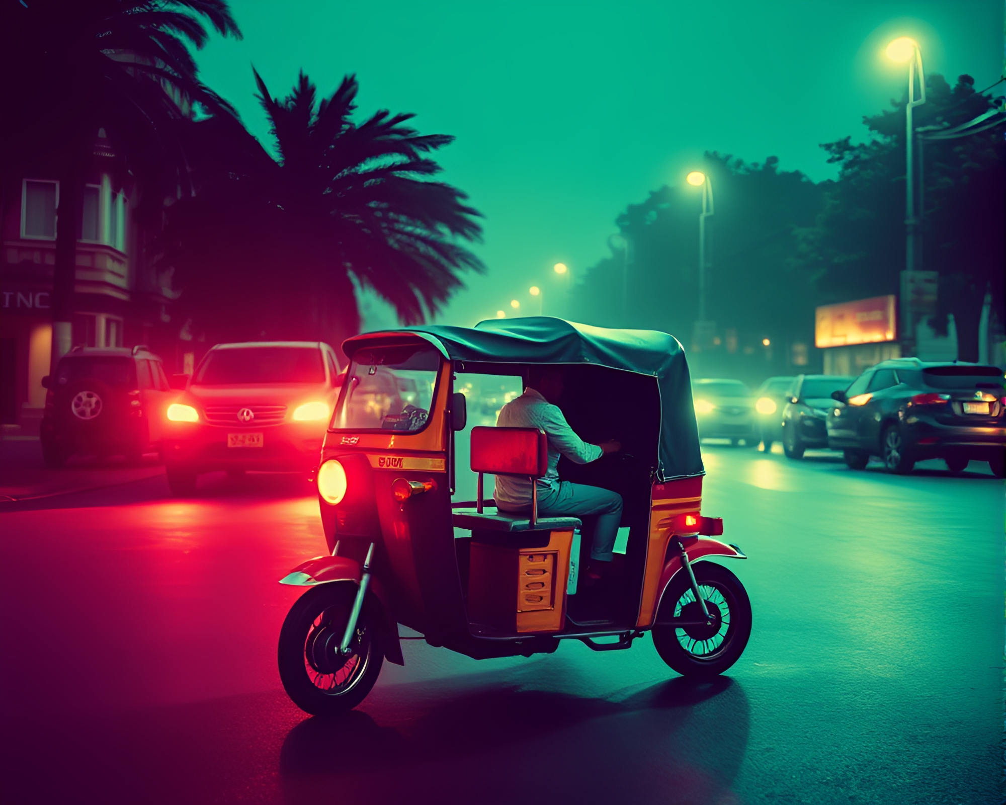 Vector Halftone Rickshaw: Retro Color Fade Matte Painting – free AI stock image