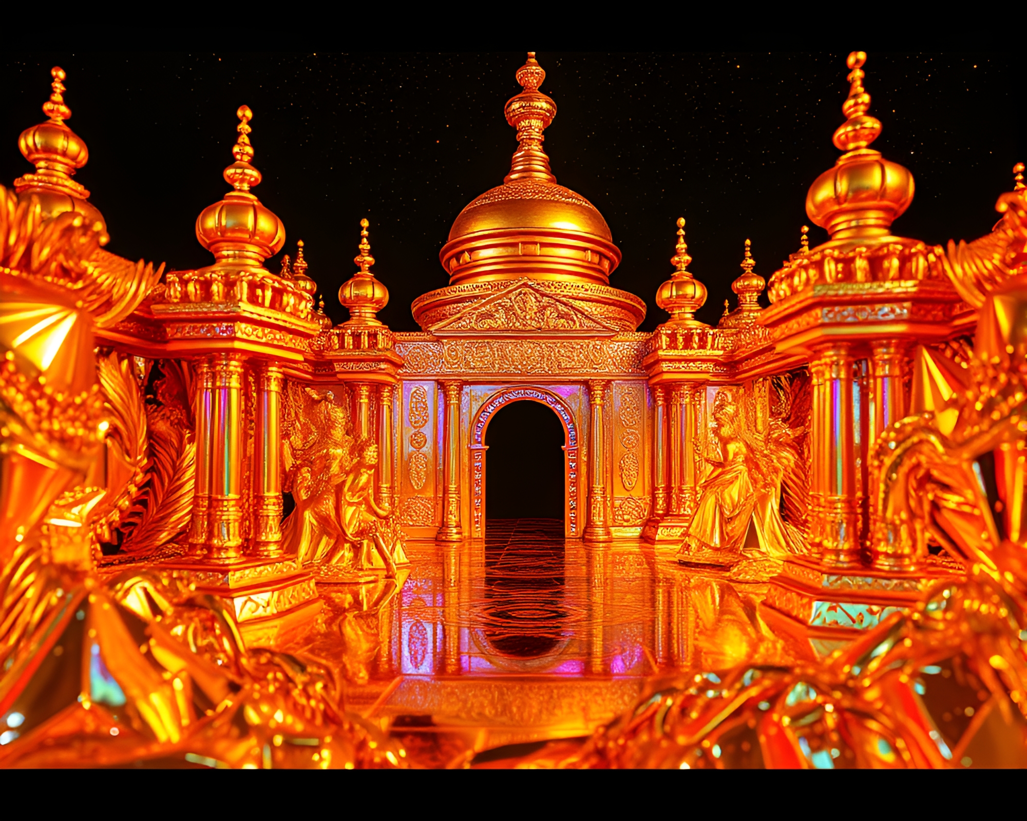 Ethereal Mind Palace Illuminated in Gold Foil 3D – free AI stock image