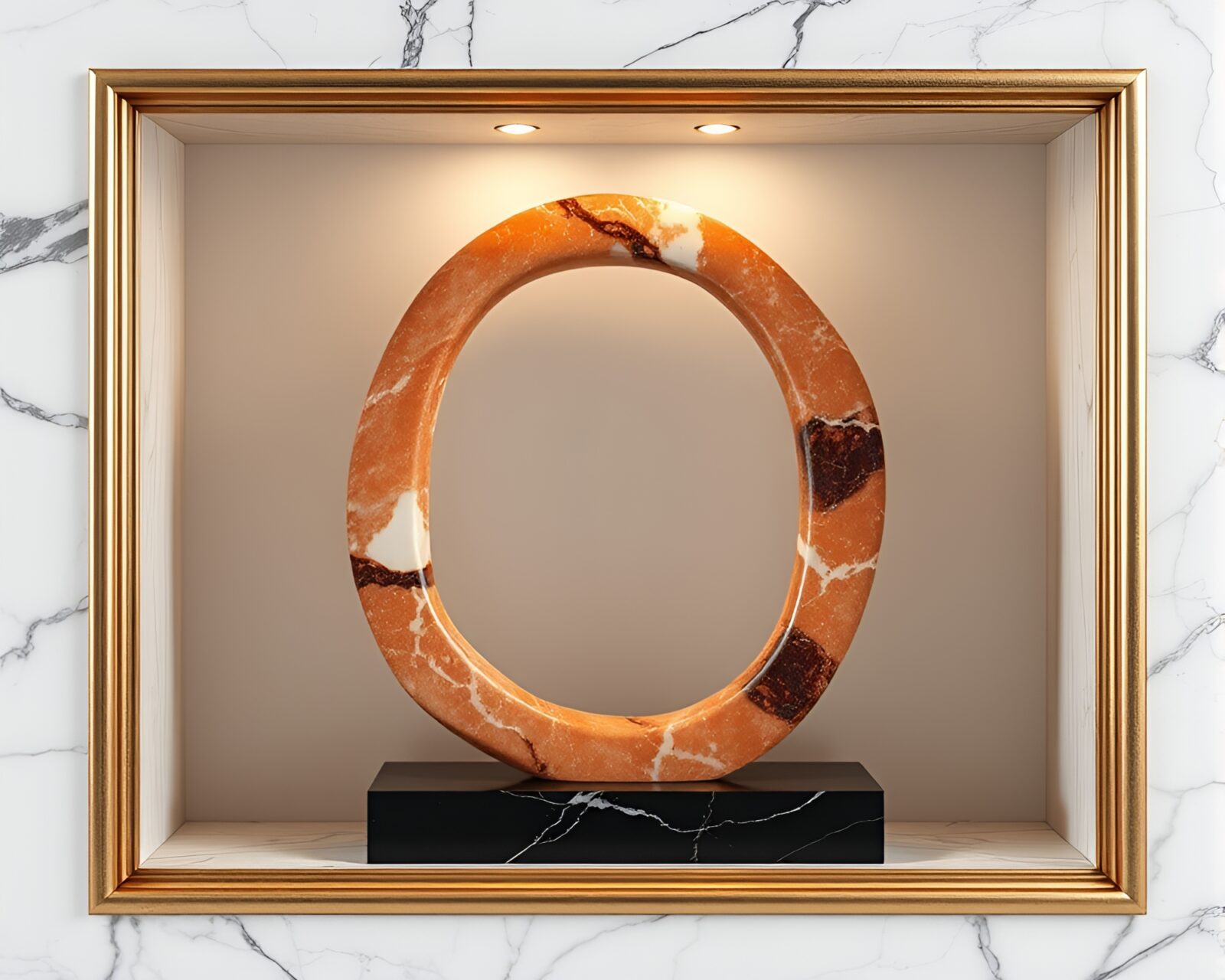 Glowing topaz-lit marble sculpture inside elaborate vignette frame
