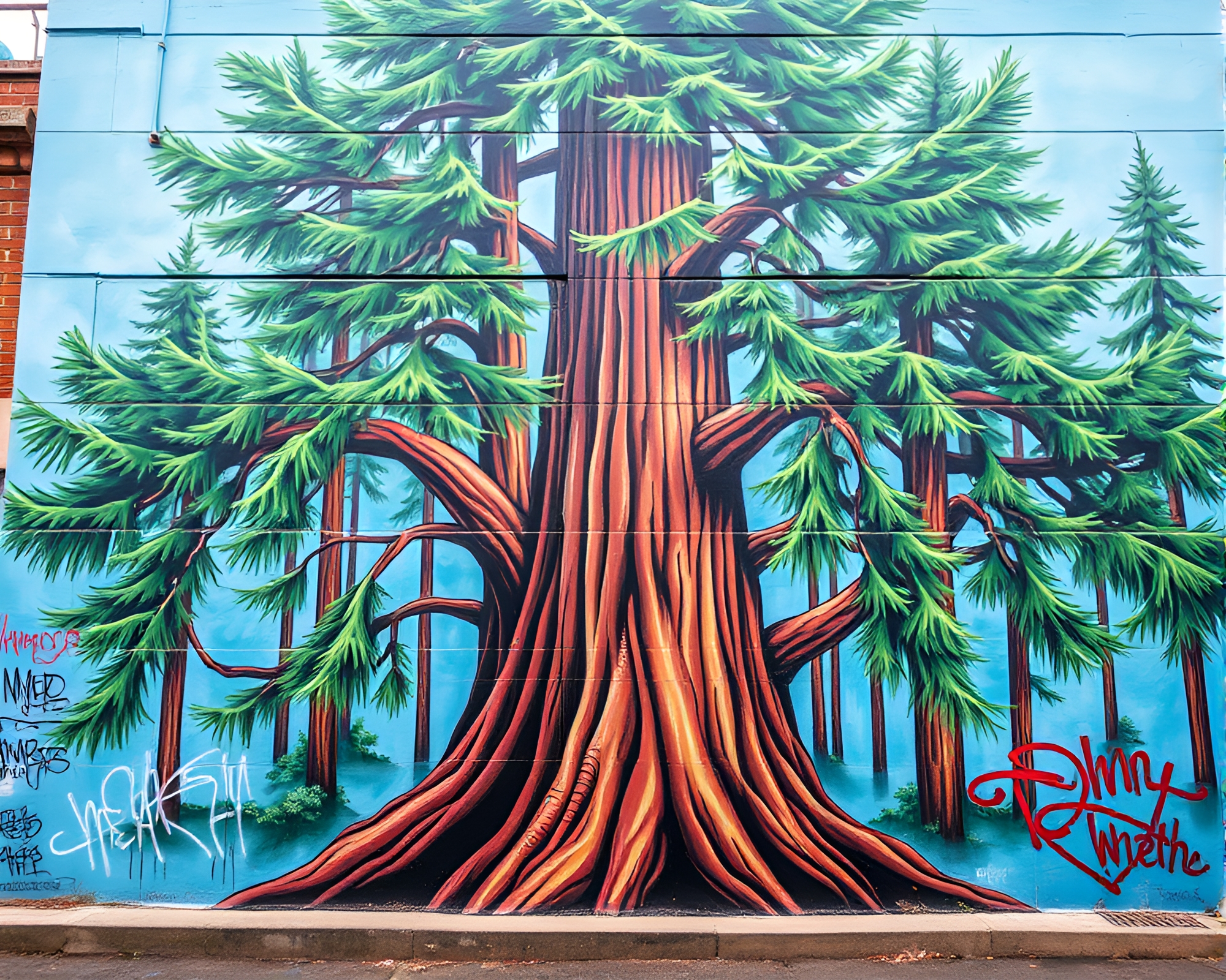 Enchanting Redwood Tree Mural in Arctic Blue Lighting – free AI stock image