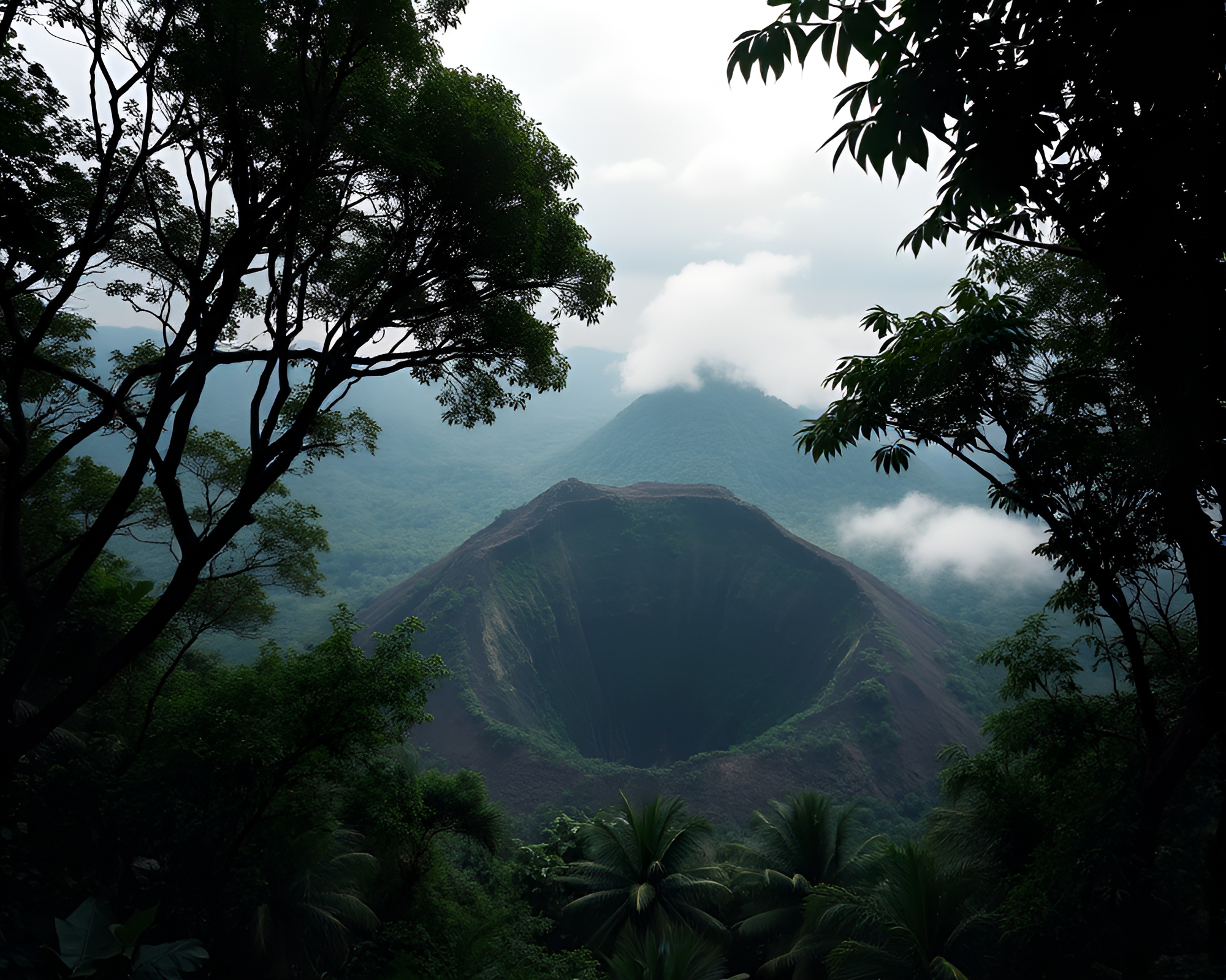Volcano Crater Jungle Canopy Minimalist Art – free AI stock image