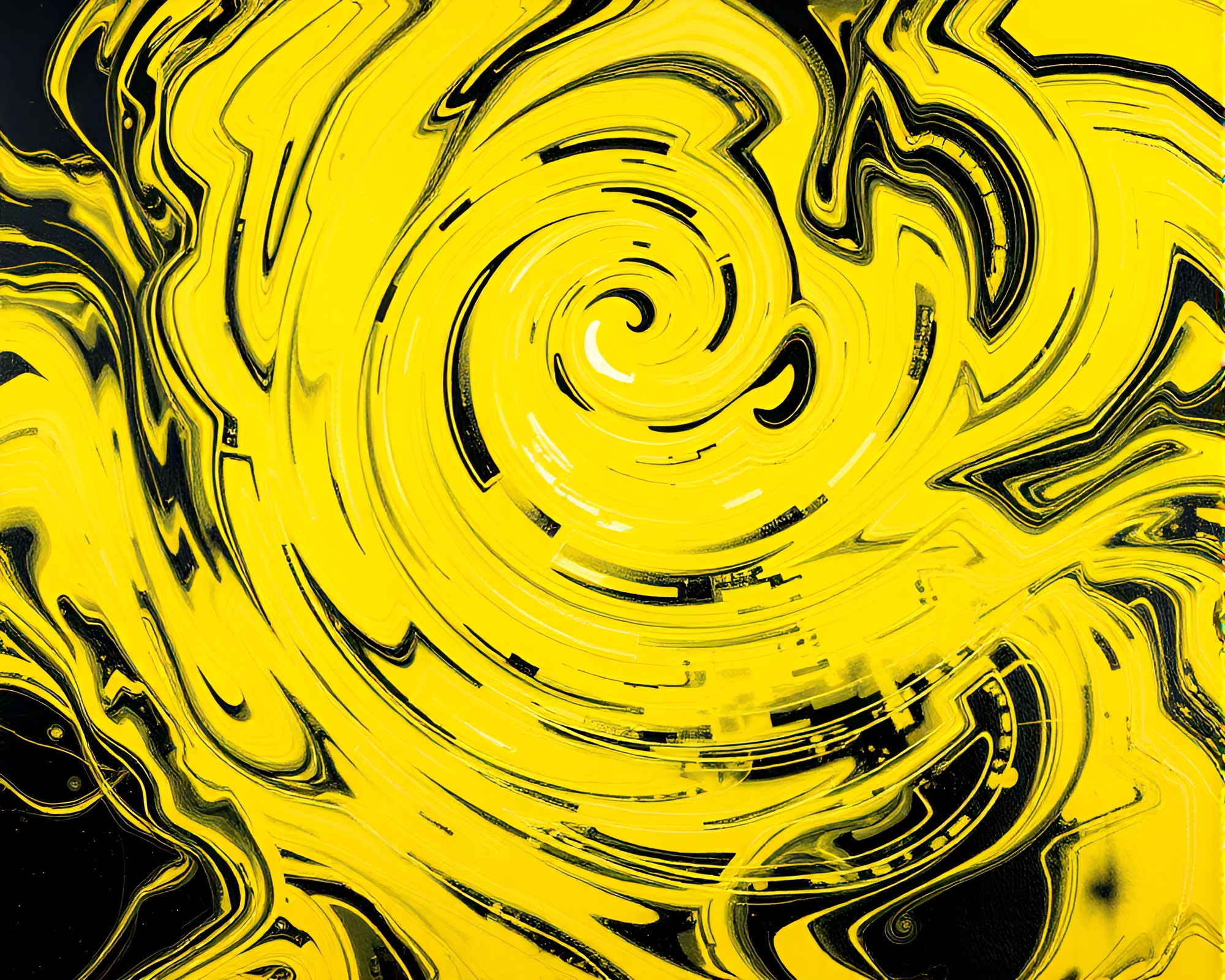 Psychedelic Neon Swirls in Monochrome Yellow Gouache Painting – free AI stock image