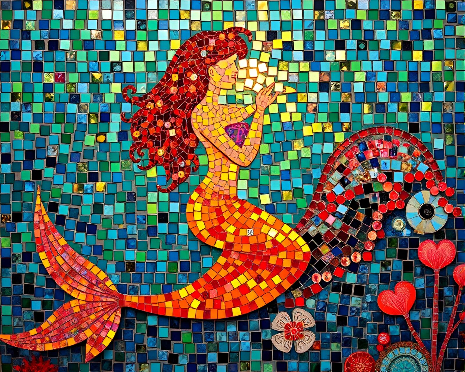 Stunning tiled mosaic featuring majestic mermaid in cross-processed lighting