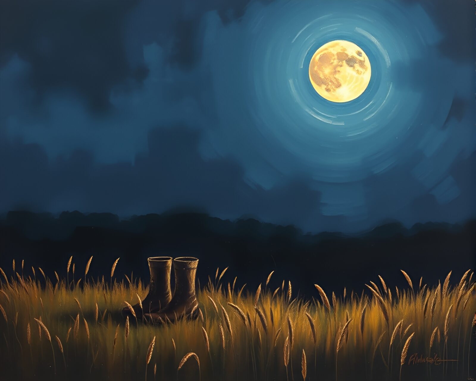 A surrealist painting of gravity boots in moonlight