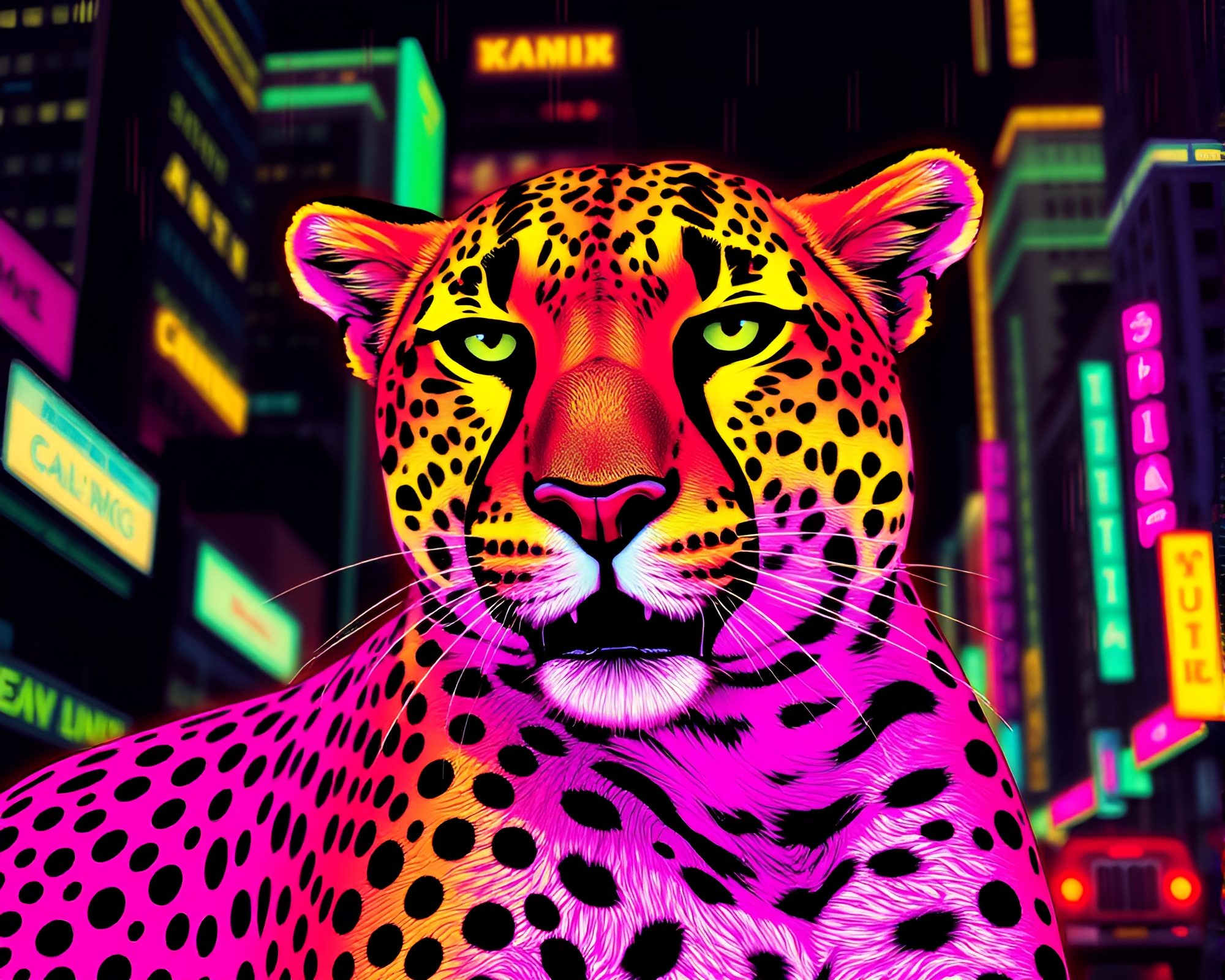 Ethereal Cheetah in Neon City Crosshatching – free AI stock image