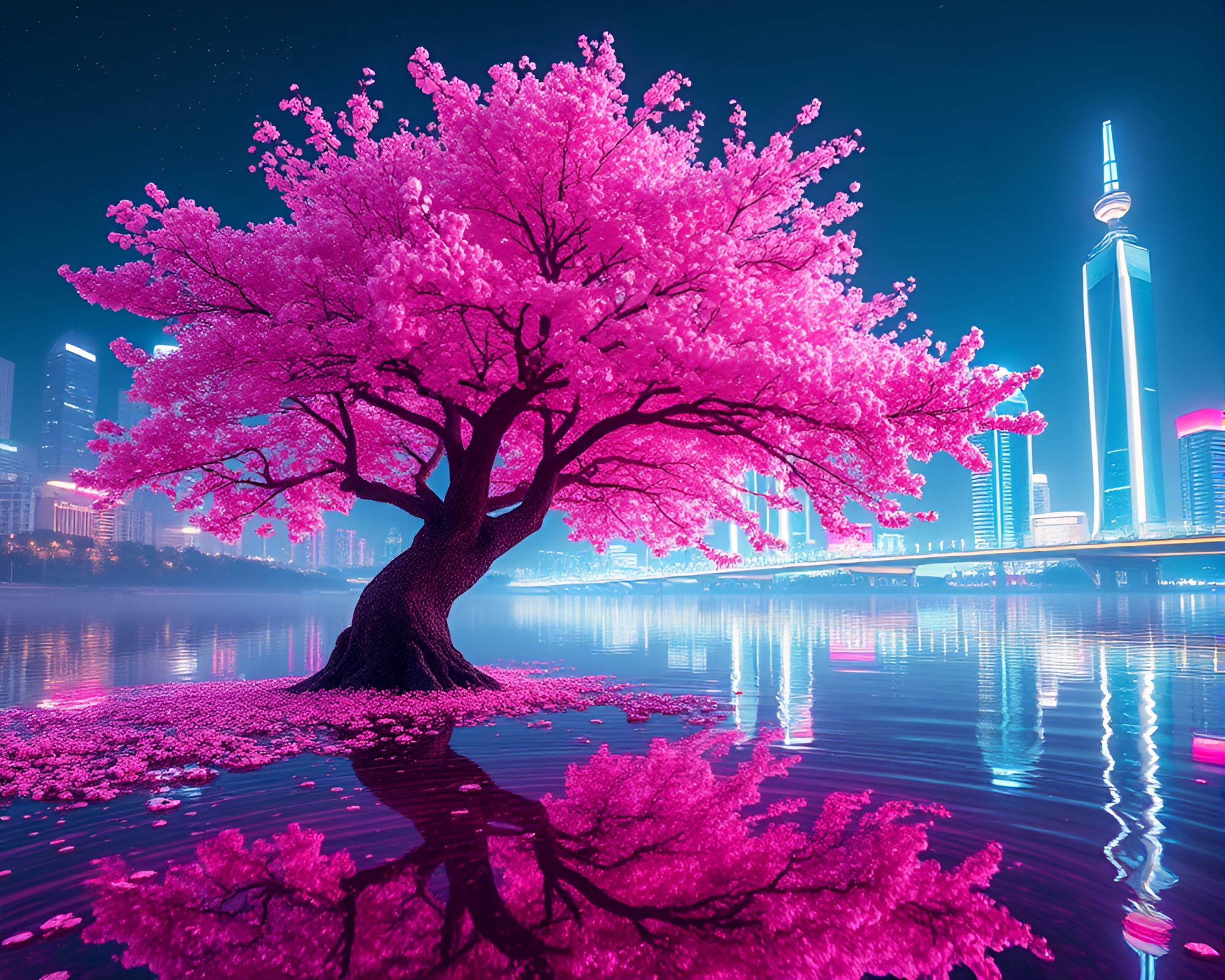 Neon Cherry Blossom Tree Reflecting in Distorted Water – free AI stock image