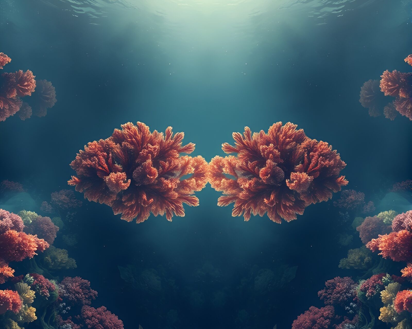 Technical coral reef illustration in mirrored symmetry underwater