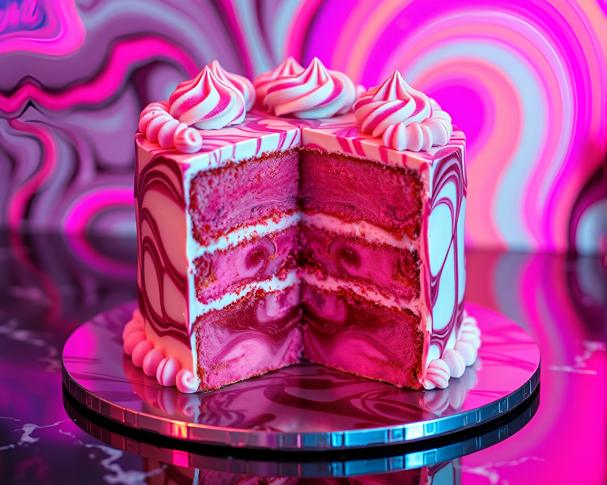 Neon Reflections Illuminating Marbled Cake in Retro Futurism – free AI stock image
