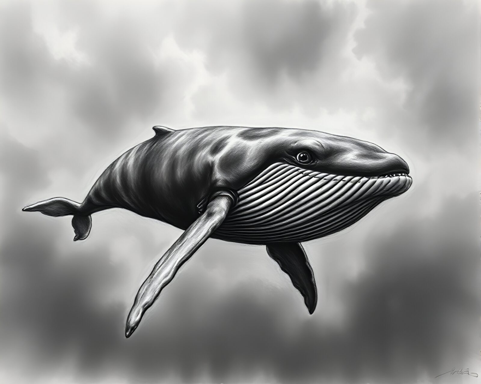 Dark desaturated worm's-eye view, whale in conté crayon