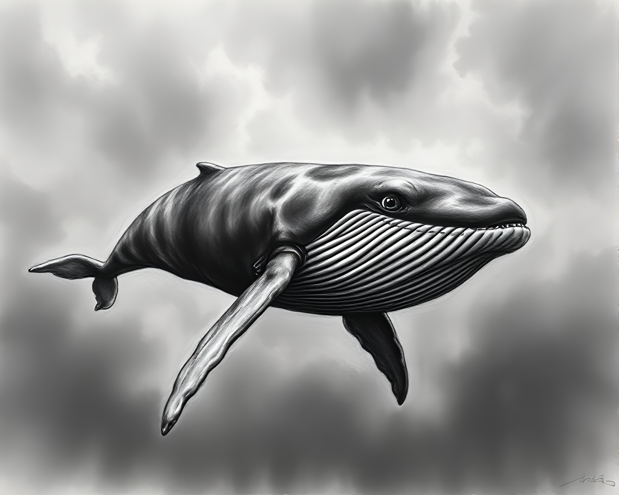 Gloomy Whale Swimming: Conté Crayon Illustration – free AI stock image