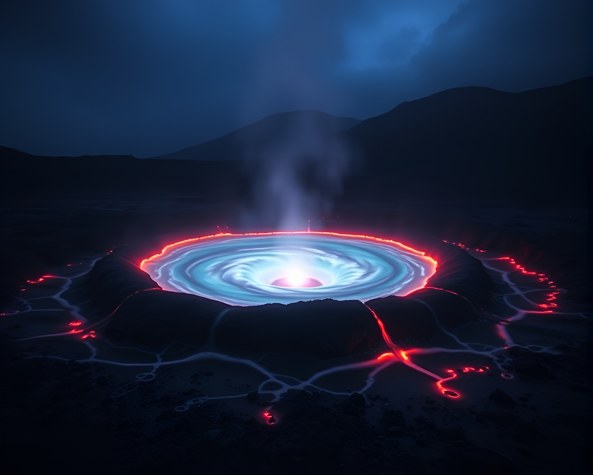 Glowing volcano crater radiating water whirlpool – free AI stock image
