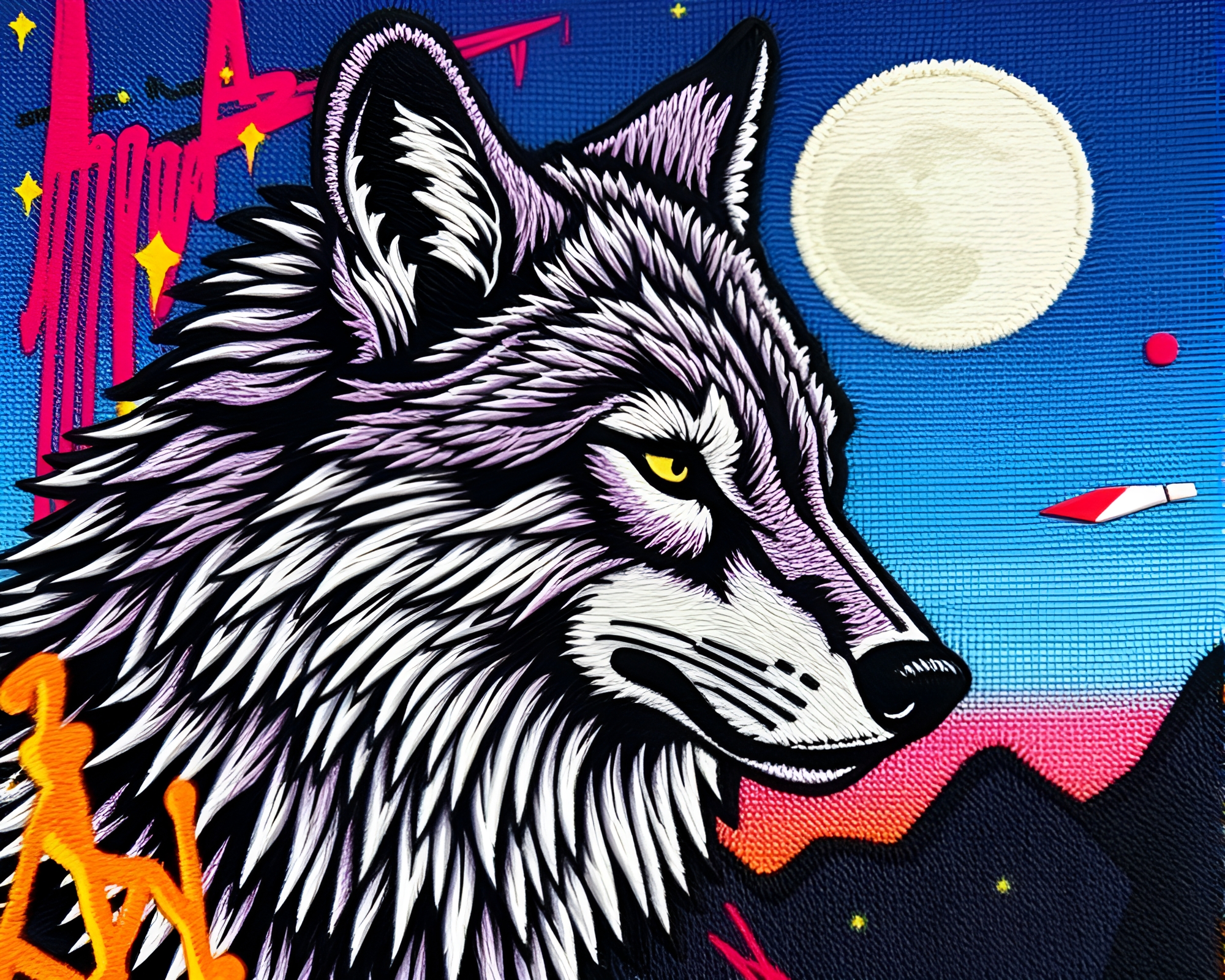 Moonlit Wolf in Graffiti Retro Futurism Embroidered Detail – free AI stock image
