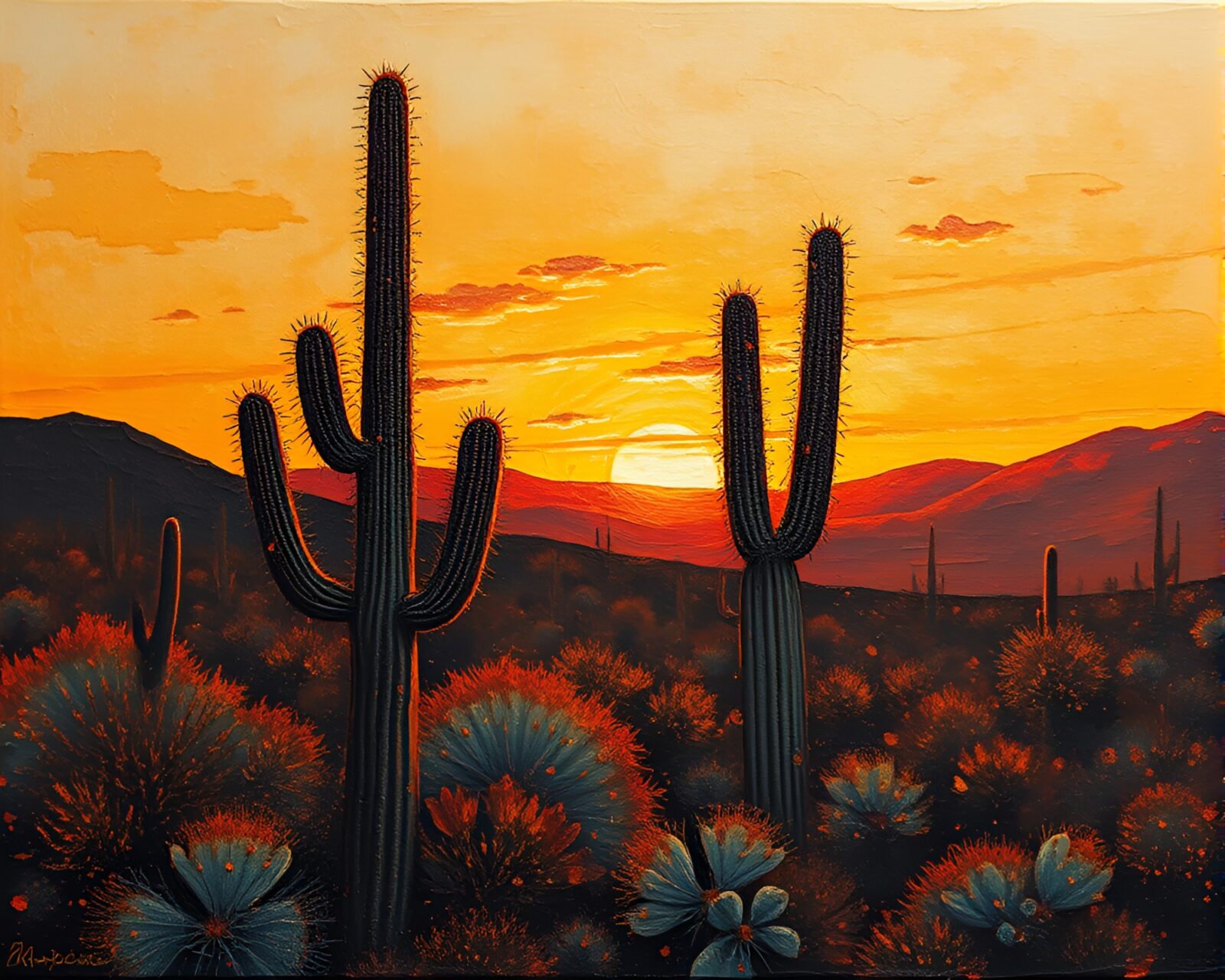 Rust flake textured cactus in a desert at dusk