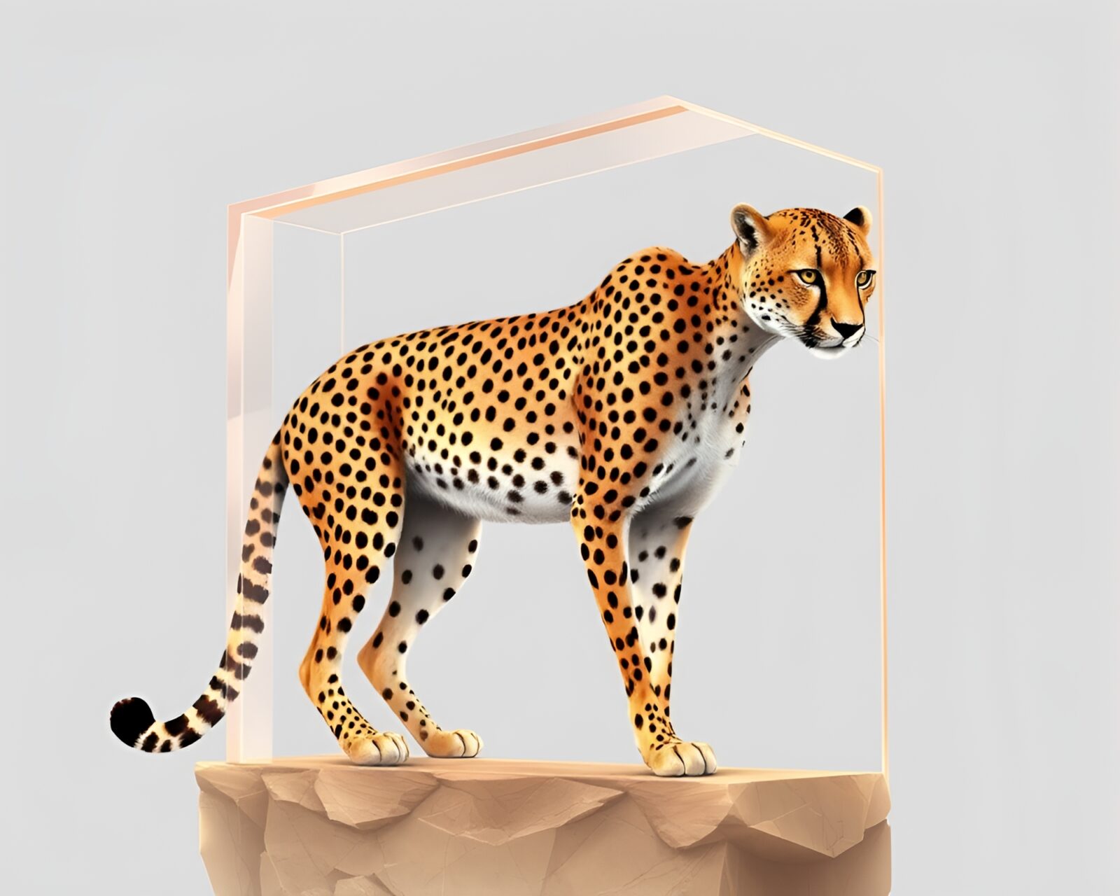 Technical illustration of cheetah framed in crystal clear architecture