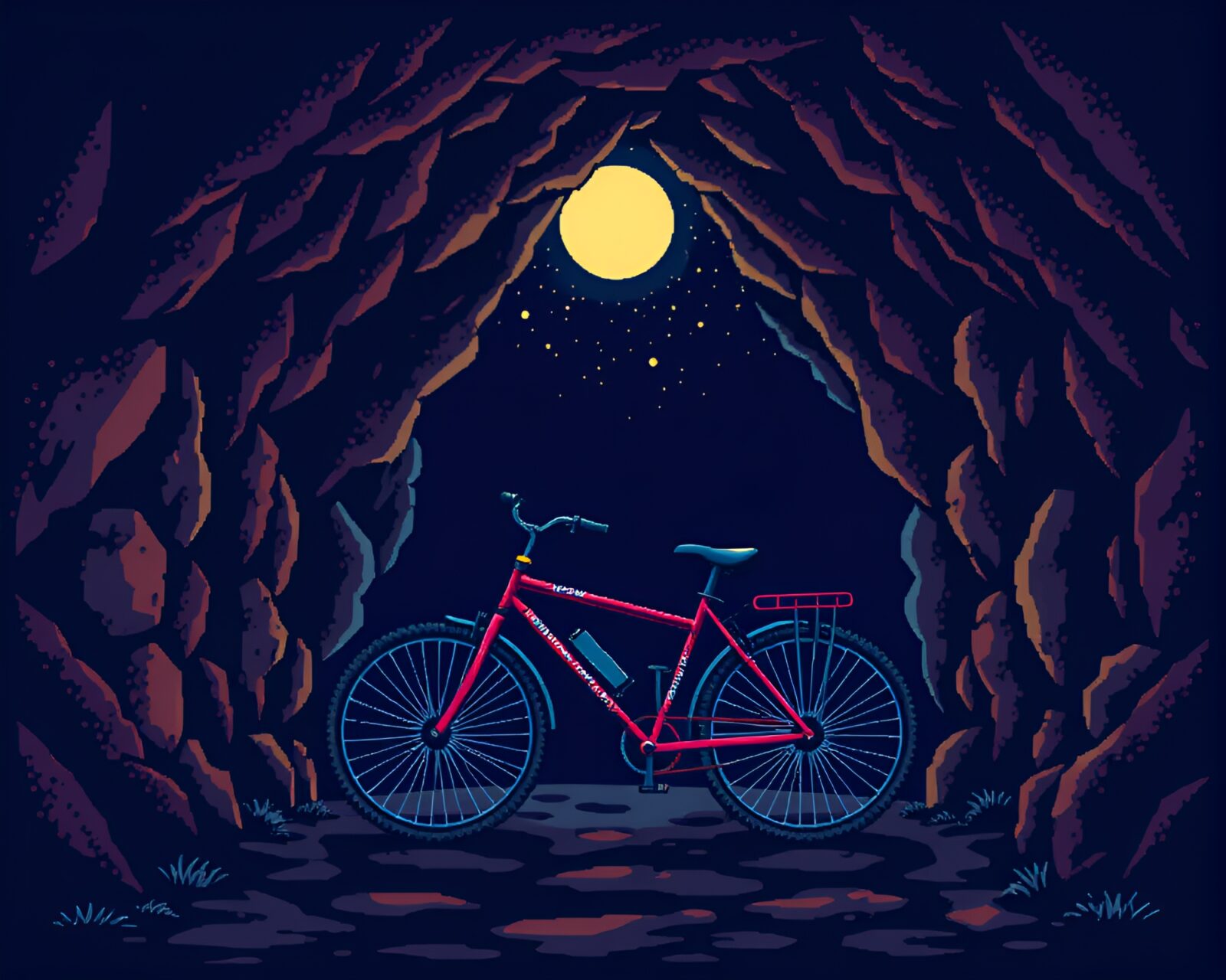 8-bit cave entrance with solar-powered bike in darkness