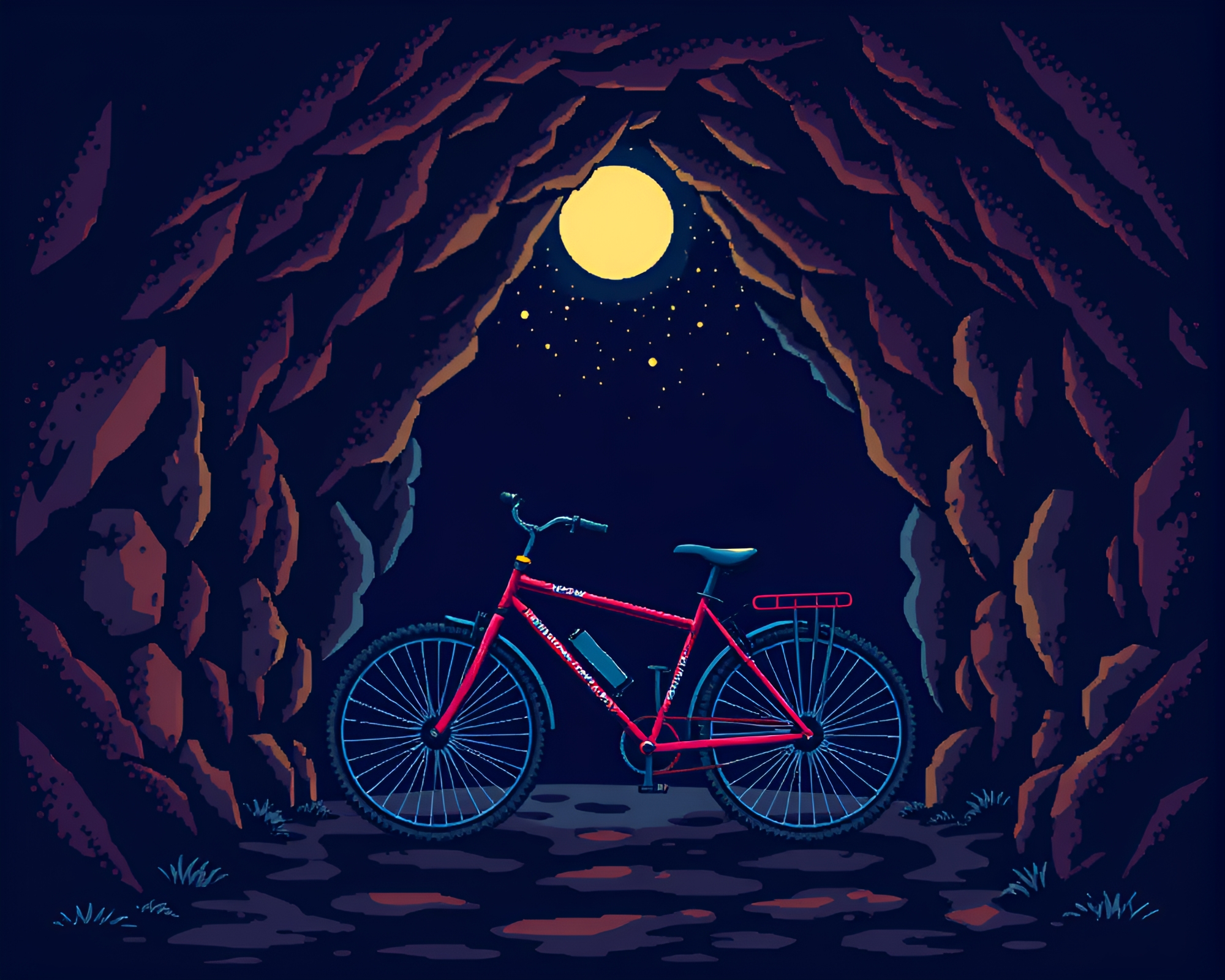 Solar-Powered Bike Entering Dark Cave in 8-bit Style – free AI stock image