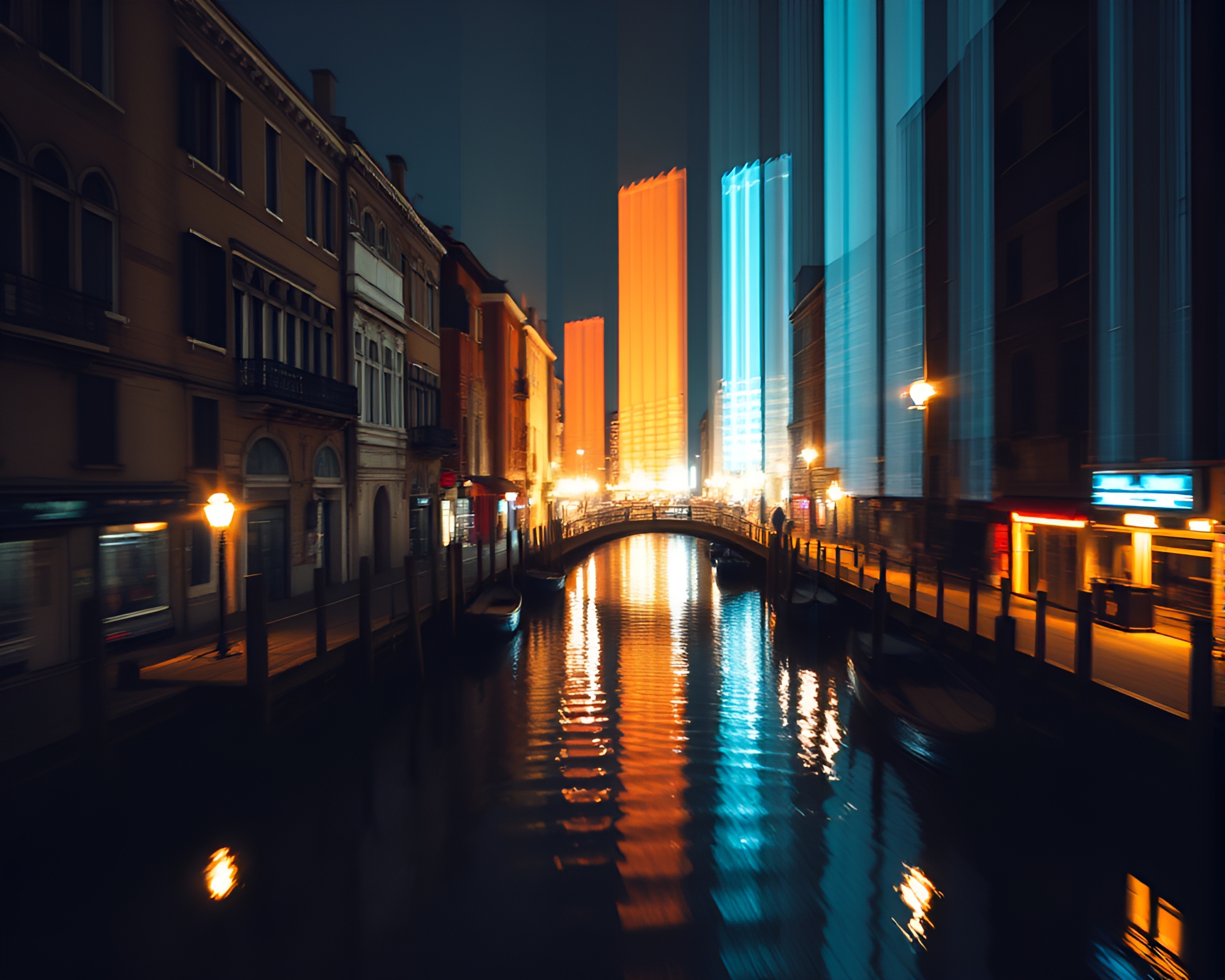 Venetian Canal Reflection: Kinetic Art Light Leak Silhouette – free AI stock image