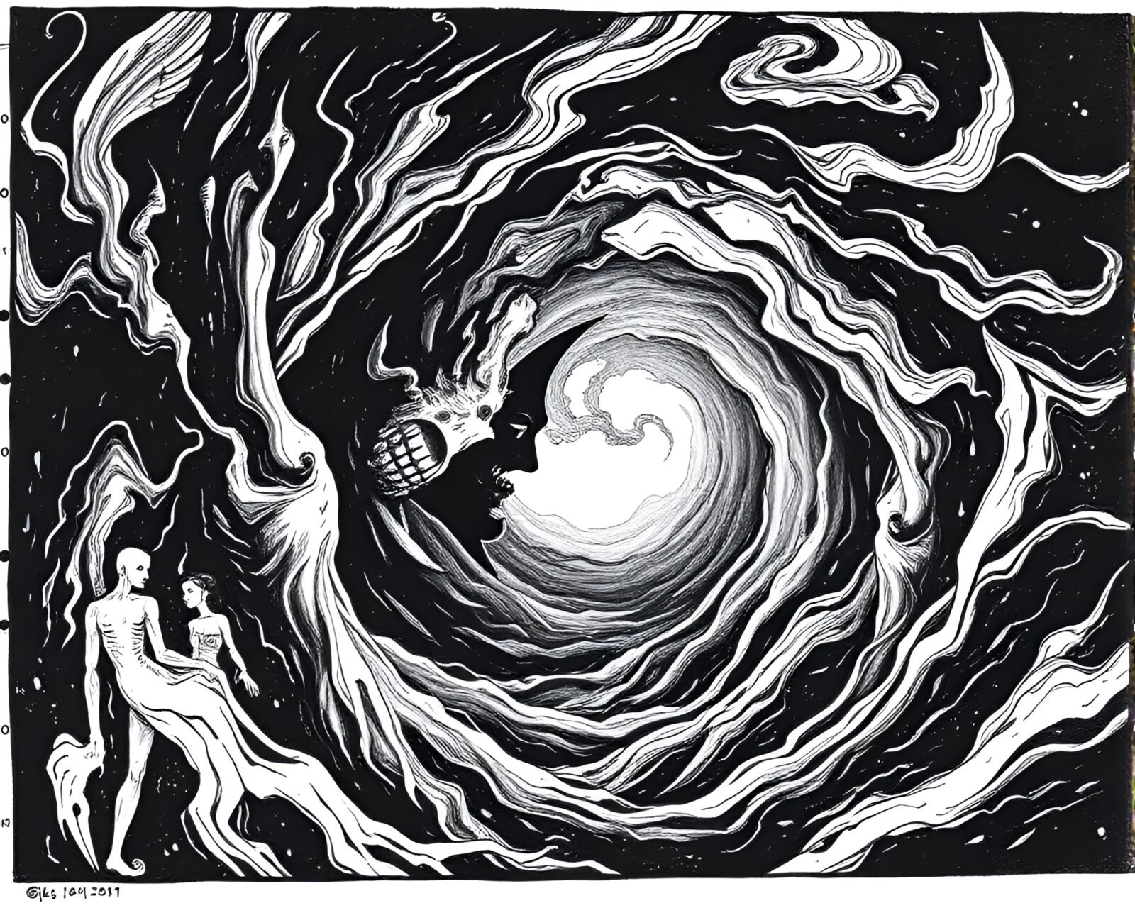 Gothic horror woodcut print of swirling vortex in gray