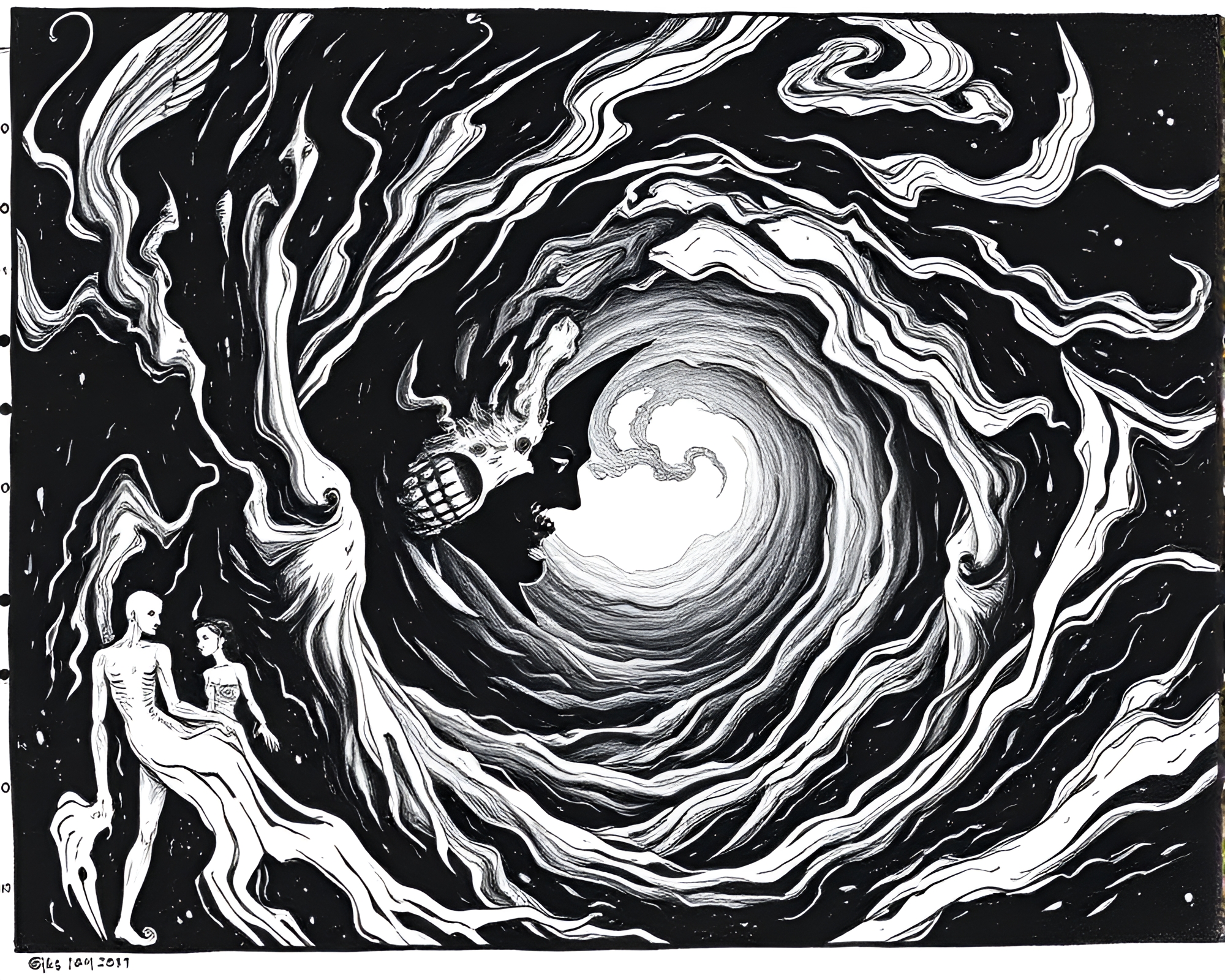 Ethereal Gothic Vortex Woodcut Horror Scene – free AI stock image