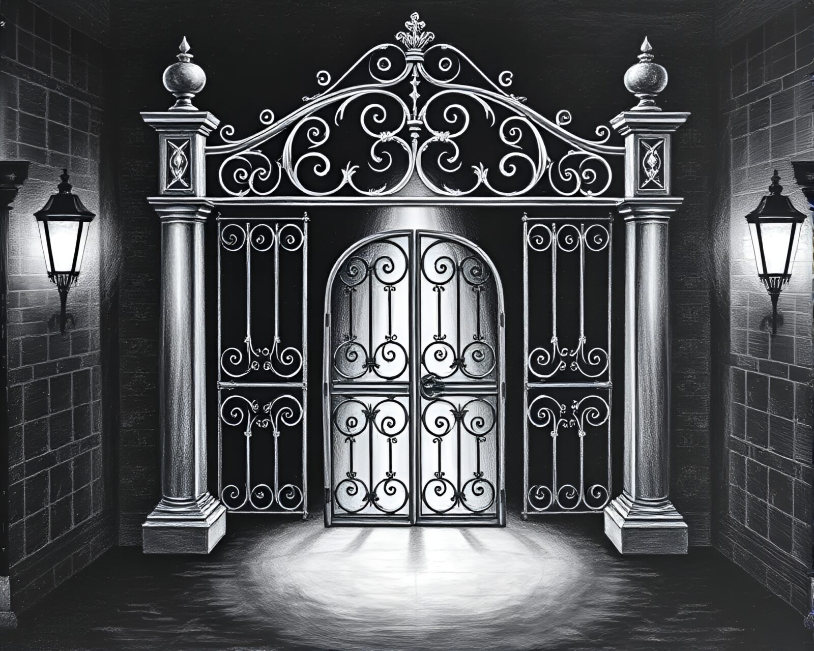 Detailed chalk drawing of a stippled wrought iron gate