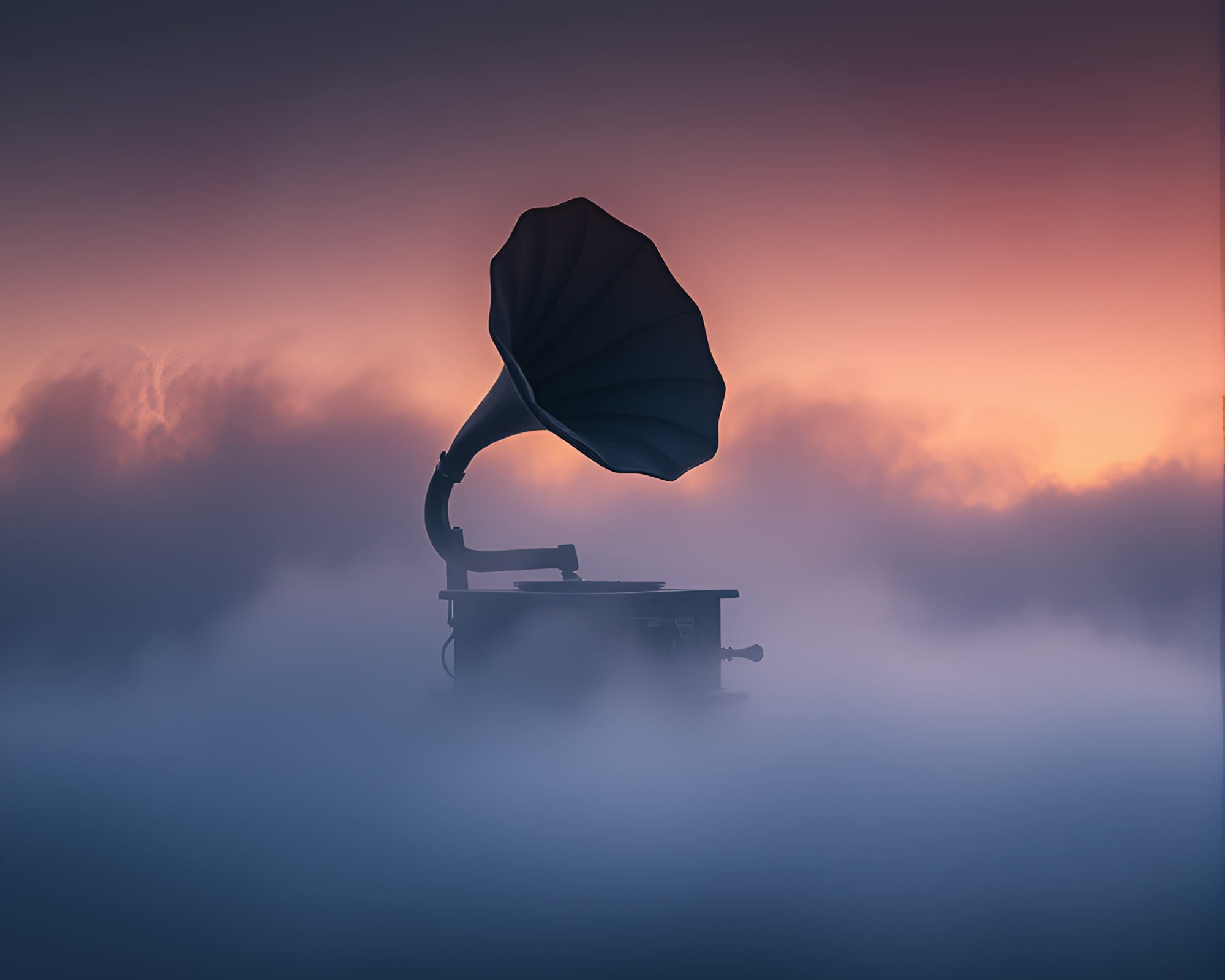 Steampunk Gramophone in Dusk Twilight with Drifting Fog – free AI stock image