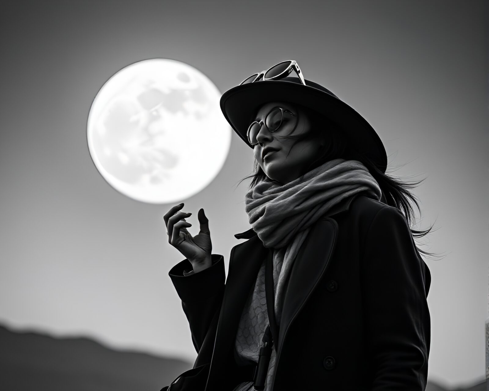 Fashionable time traveler in moonlit grayscale world