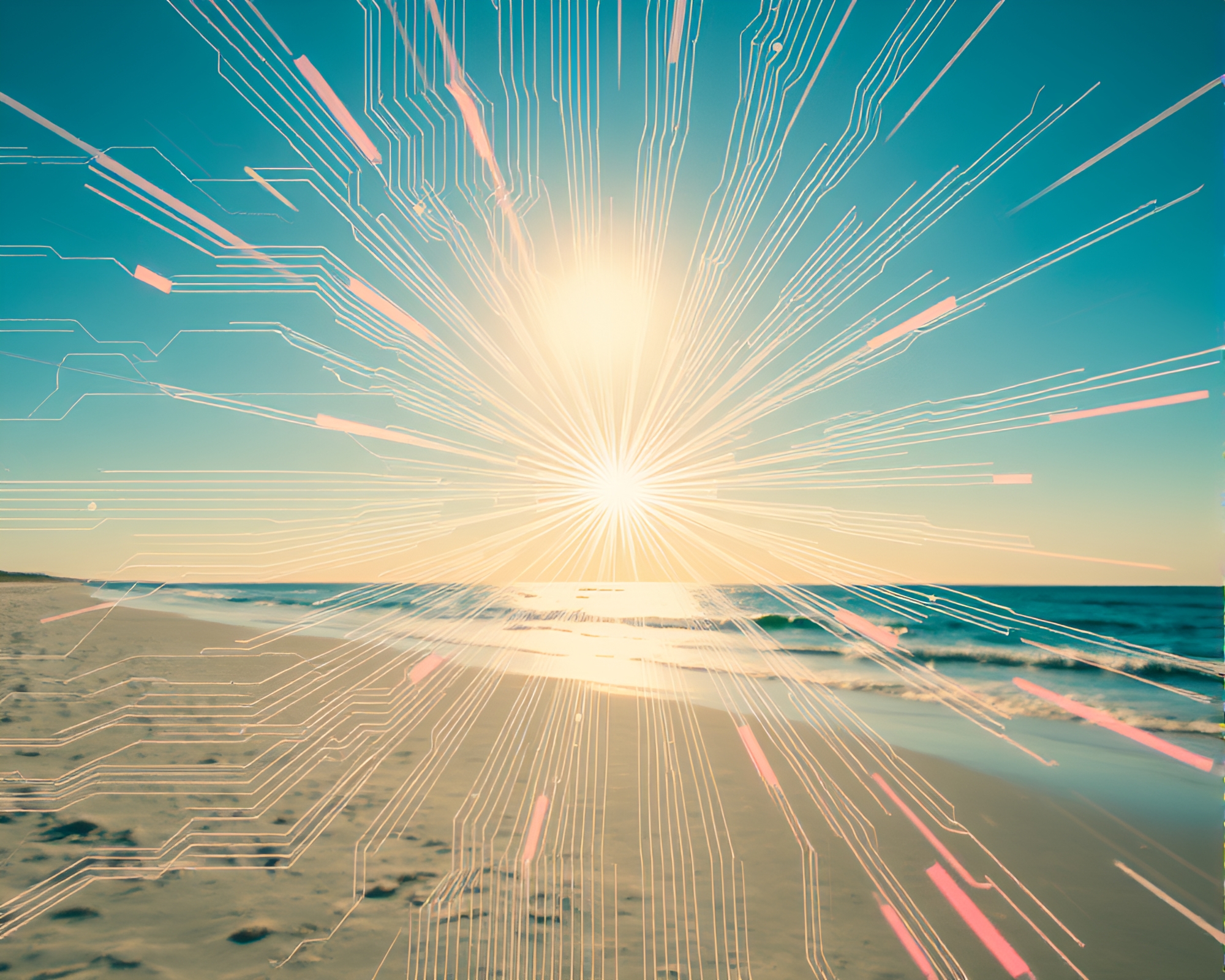 Summer Circuit Beach Collage with Lens Flare Burst – free AI stock image