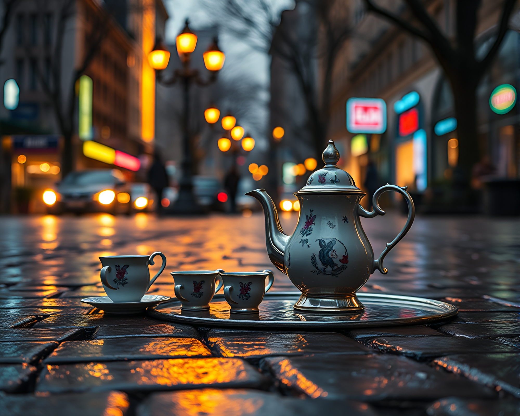 Neon Wonderland Tea Party on Wet Pavement – free AI stock image