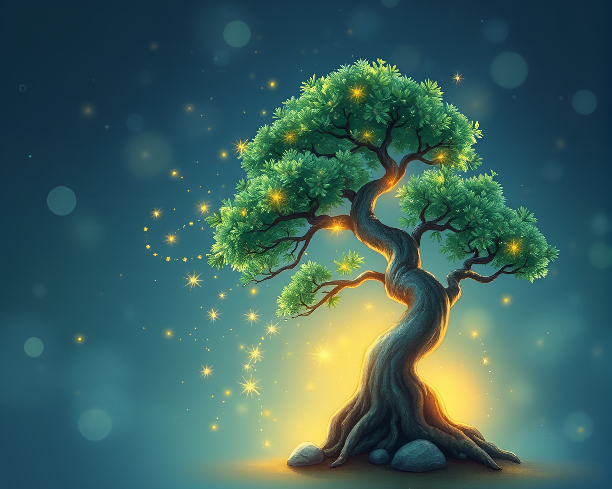 Whimsical Bonsai Tree with Fairy Light Sparkle – free AI stock image