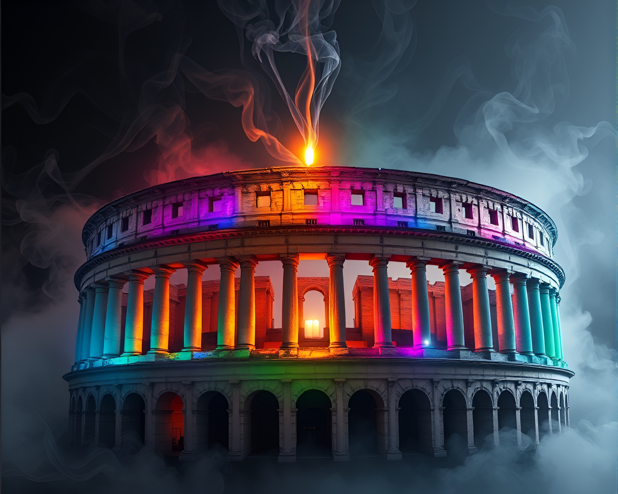 Rainbow Spectrum Coliseum: Bio-Organic Candle Smoke Art – free AI stock image