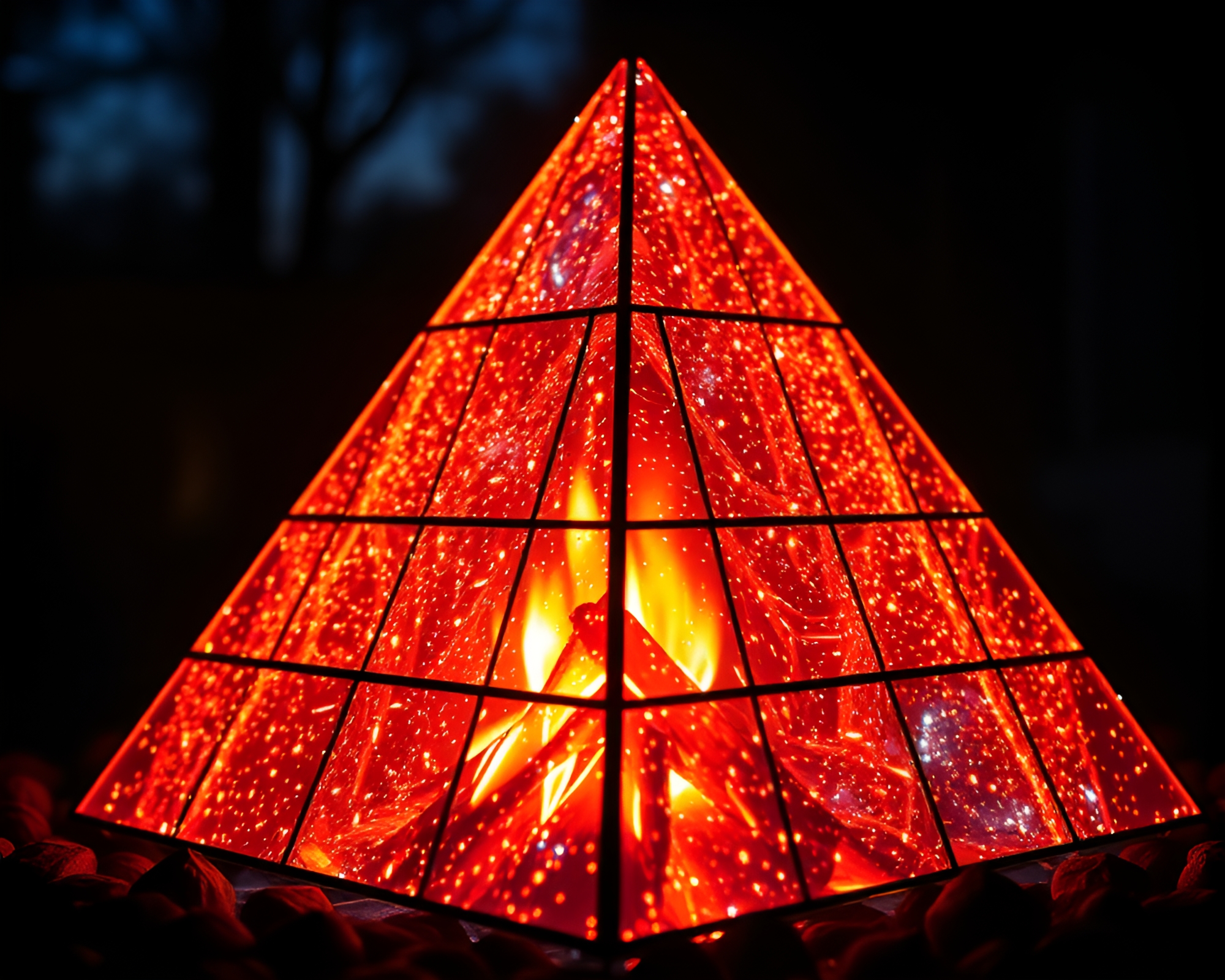 LED Pixel Grid Glass Pyramid Bonfire Stained Glass Fantasy – free AI stock image