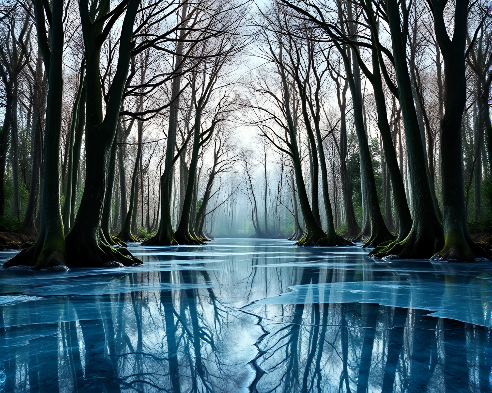 Mystical Ice Reflection in Ancient Grove – free AI stock image