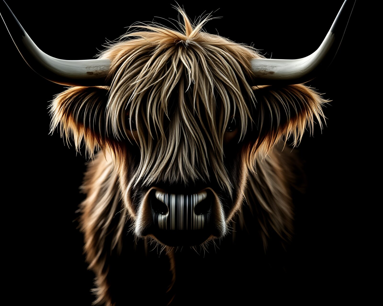Exquisite Highland cow with barcode stripes in dynamic lighting