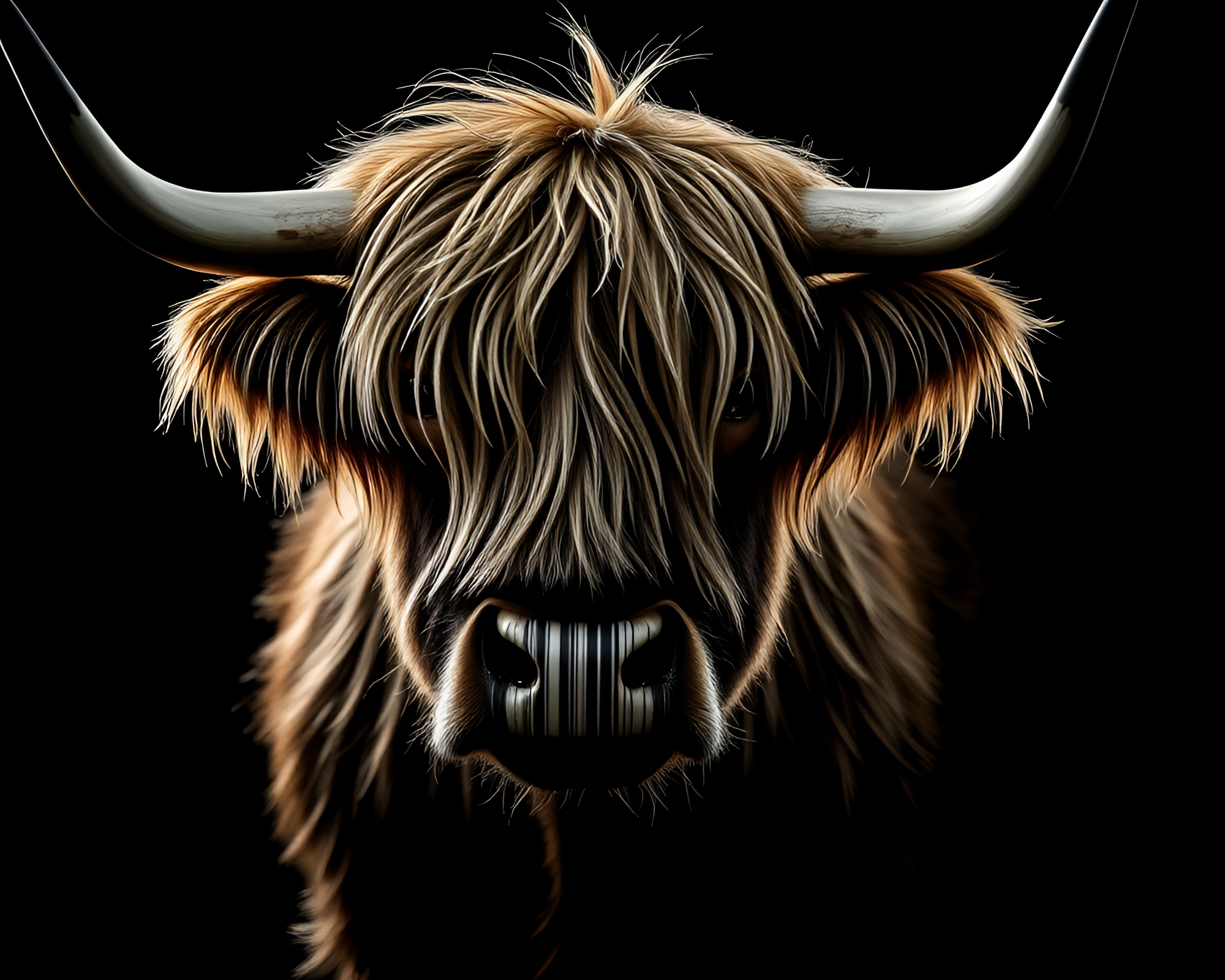 Dramatic Barcode Highland Cow in Kinetic Art Style – free AI stock image