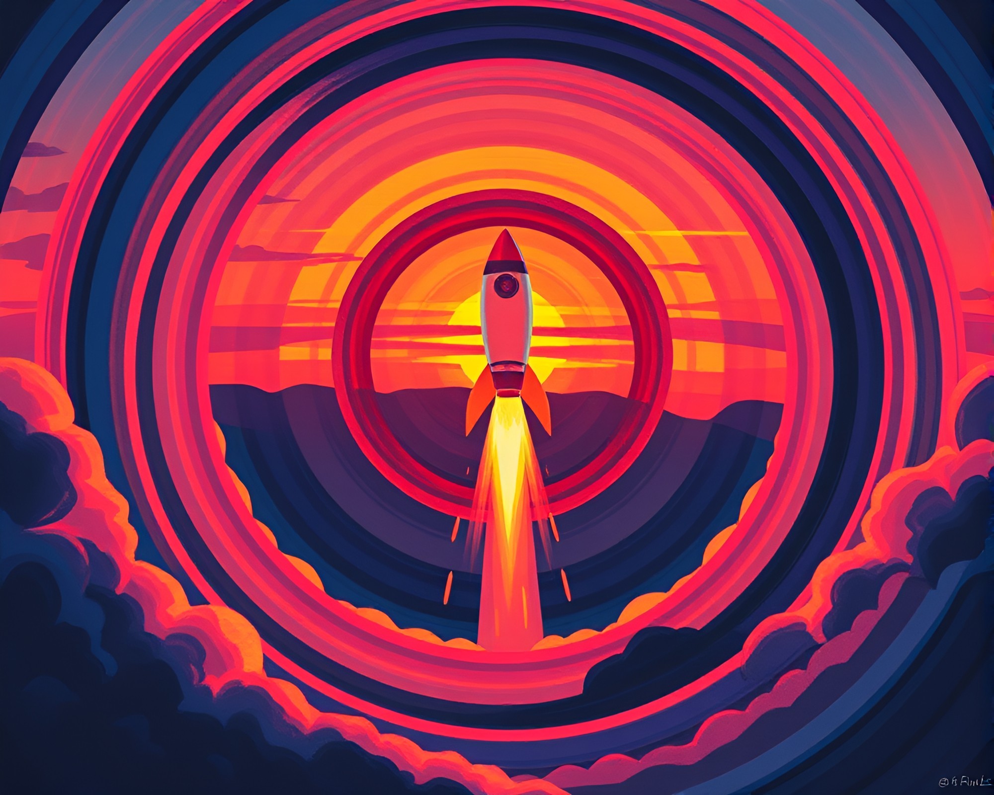 Cubist Rocket Launch at Sunset – free AI stock image