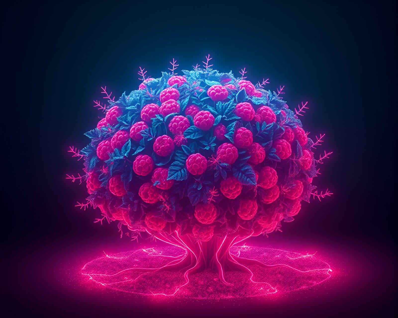 Vibrant neon wireframe raspberry bush illustration with fractal glow