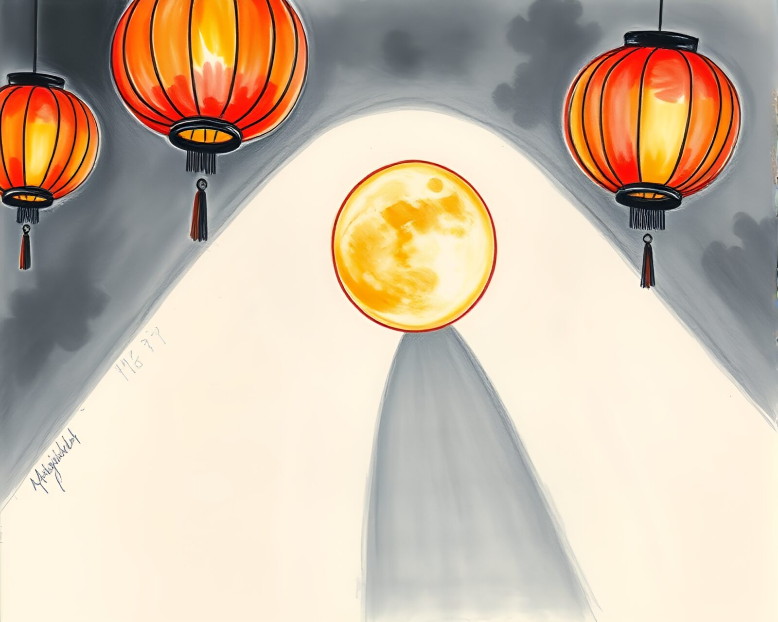 Off-center floating lanterns in a conté crayon eclipse setting