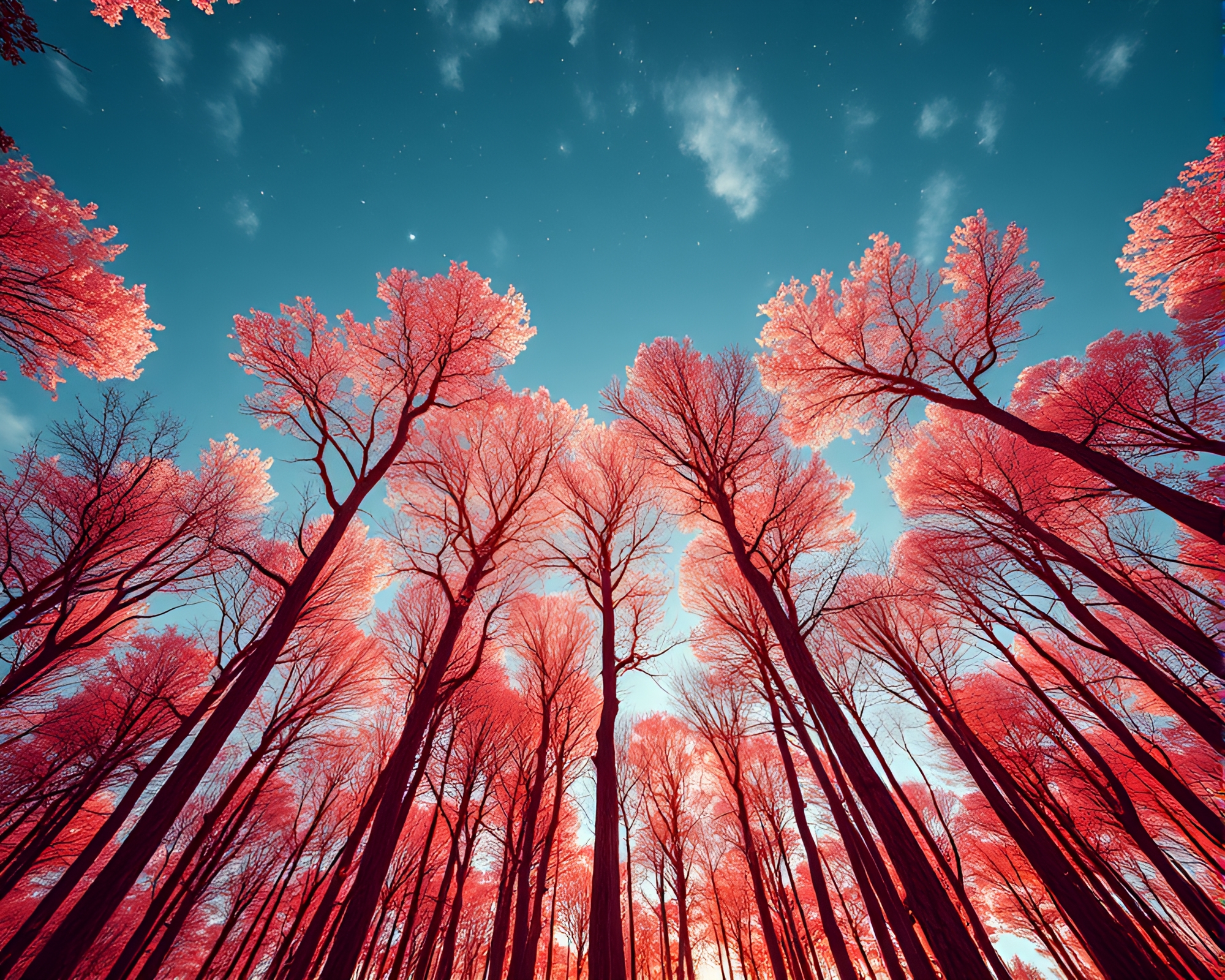 Infrared Sky Garden Tree Rings: 80s VHS Style – free AI stock image